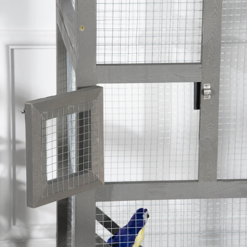 Wooden Bird Cage Outdoor Aviary House For Parrot, Parakeet, With Pull Out Tray And 2 Doors, Grey — imagen 4
