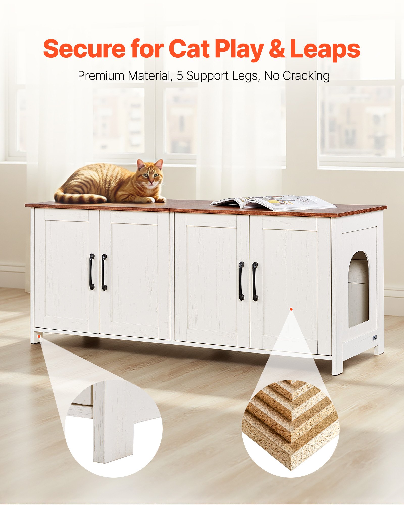 Cat Litter Box Enclosure For Multi Cats, 47.2 In Hidden Litter Box Cabinet With 4 Doors & 2 Entries, Indoor Cat Washroom, Wooden Kitty House Furniture, Fit Most Litterboxes, Brown & White — image 3