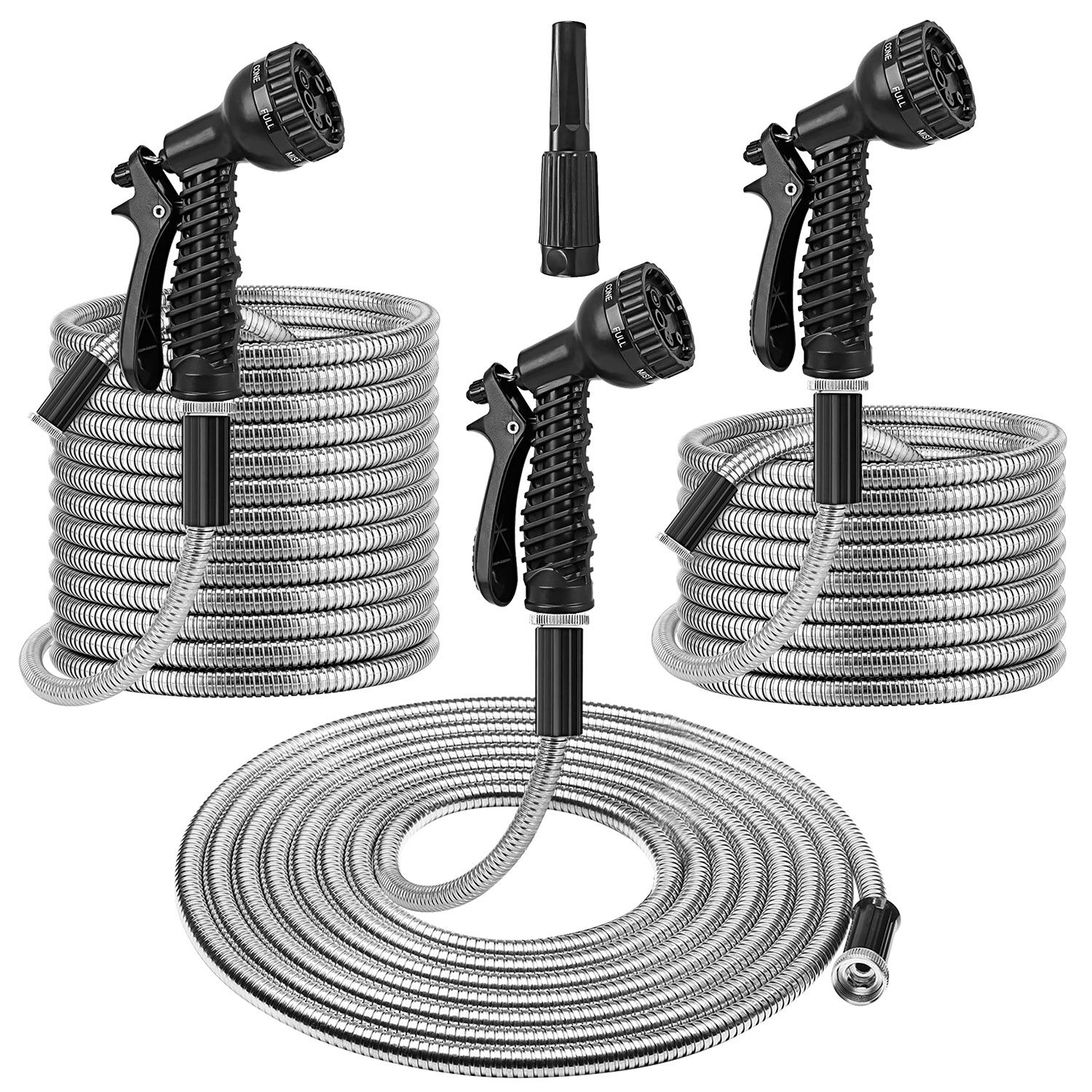 Manguera de Jardín de Acero Inoxidable Ultra Resistente, Opciones de 25FT-50FT-100FT, Kit de Riego con Manguera Metálica, 2 Boquillas, 12 Patrones, Flexible, Extensible, Resistente a Nudos, Enredos y Punciones, a Prueba de Perros — imagen 1