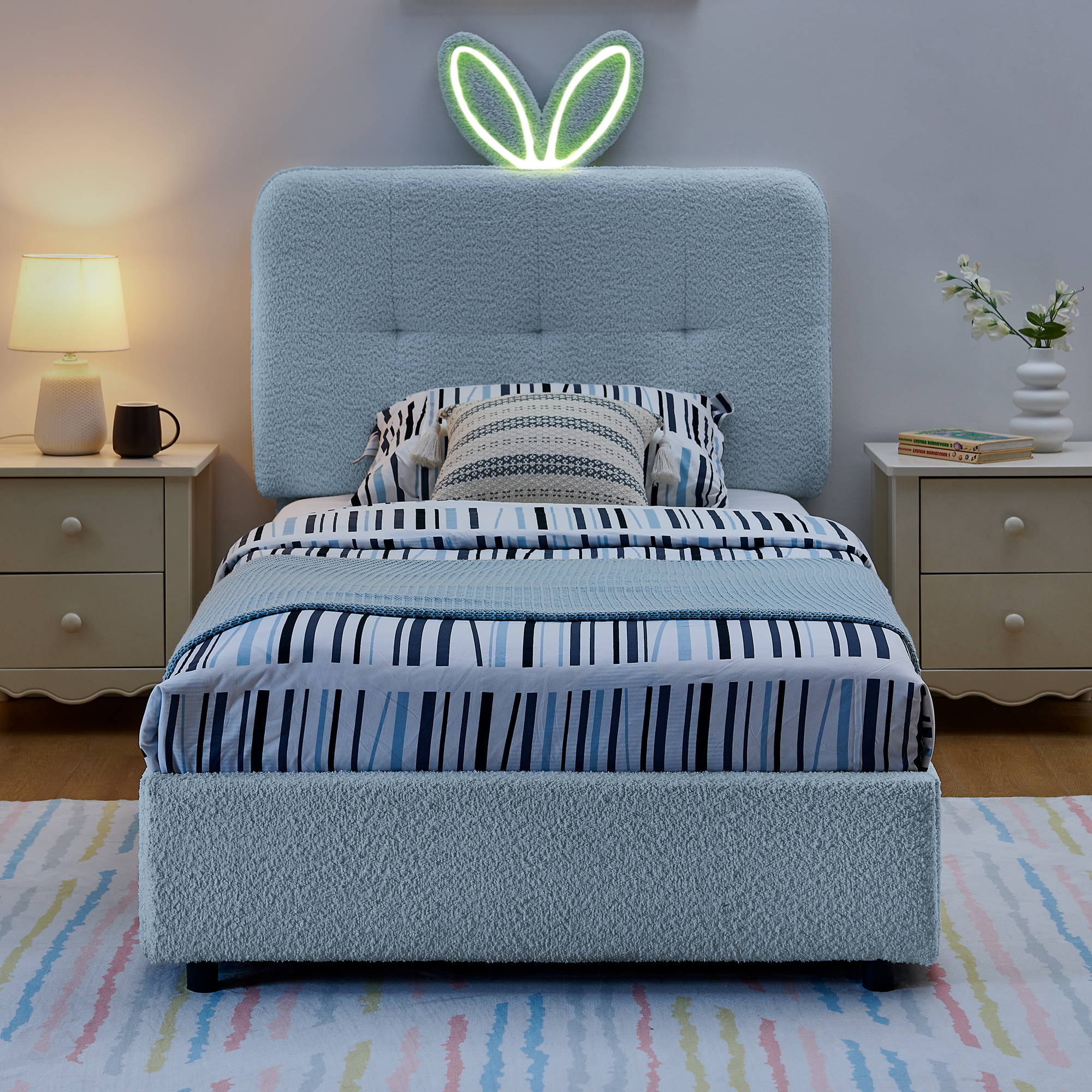 Cama de Tamaño Twin para Niños con Litera de Orejas de Conejo Gigante, Luz LED y 4 Cajas de Almacenamiento, Tela Bouclé 79.5''×40.75''×41'' — imagen 1