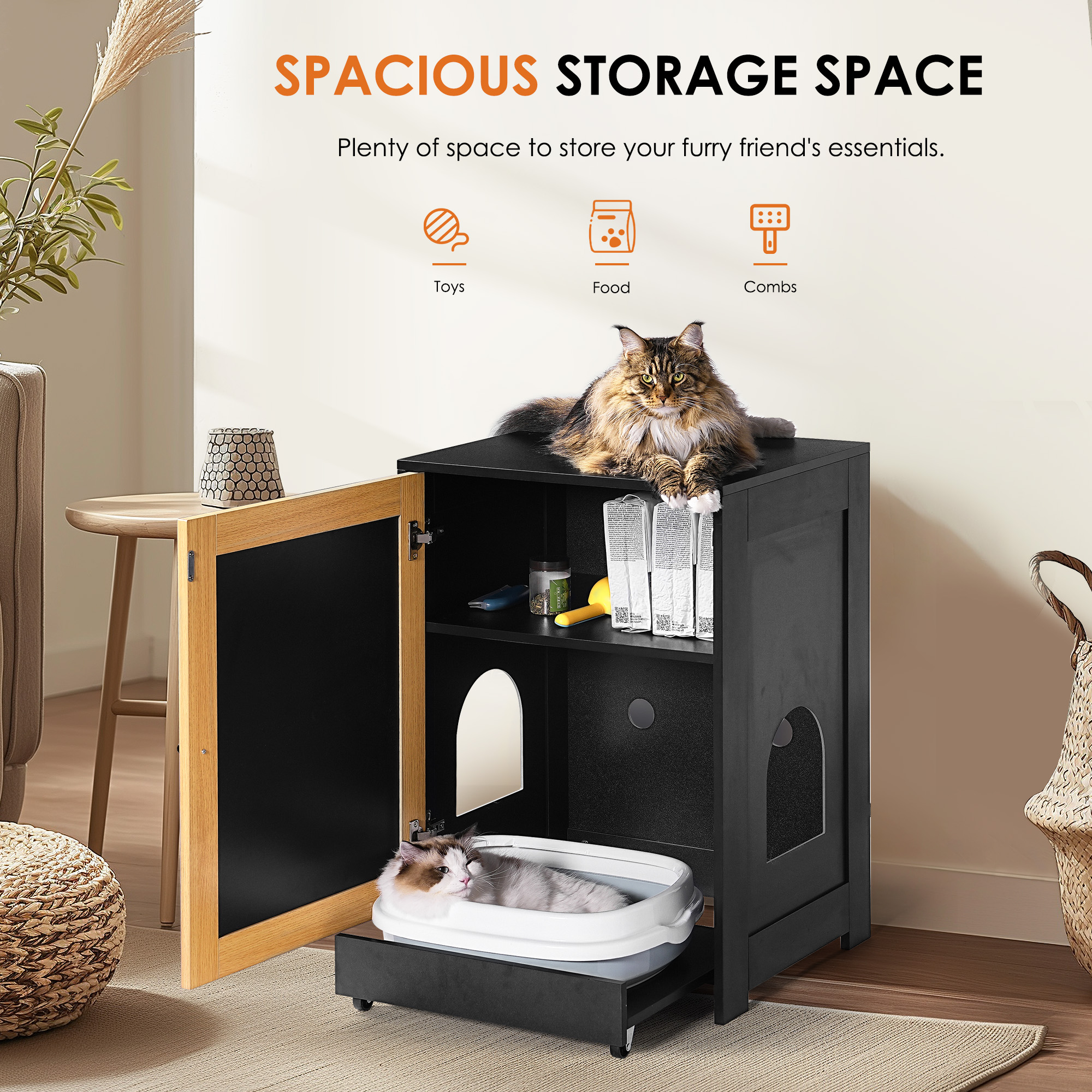 Caja de Arena para Gatos, Baño Oculto, Mesa para Gatos, Armario de Arena con Puerta de Sisal, Negro — imagen 4