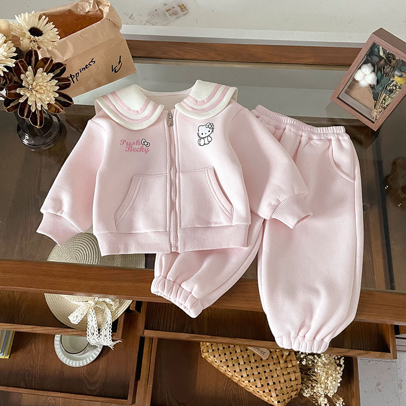 Girls Spring KT Cat Embroidery Lapel Collar Two-Piece Set — image 1