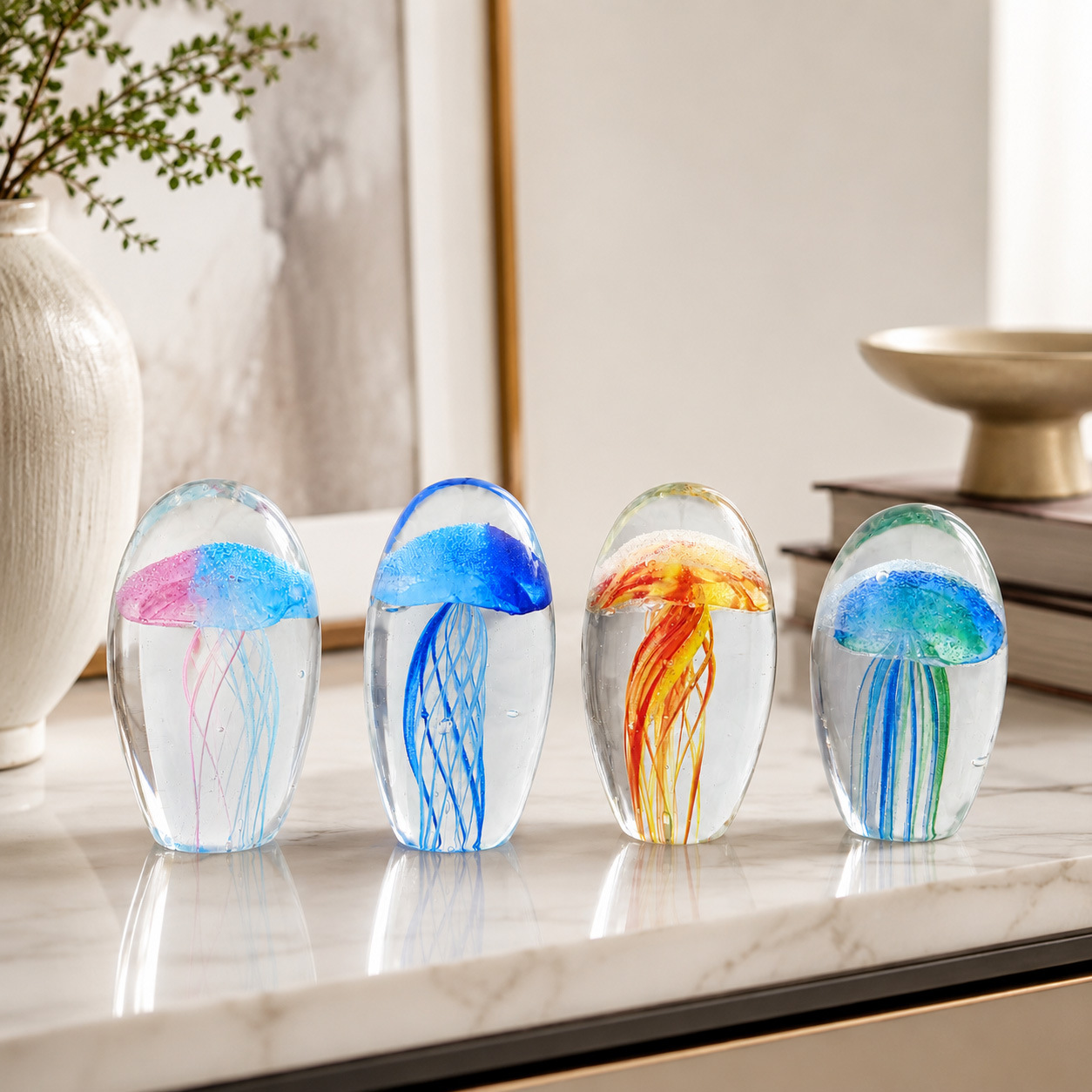 Handmade Glass Glow-in-the-Dark Jellyfish Ornament, Glass Paperweight, Ocean-Style Desk Decoration — image 2