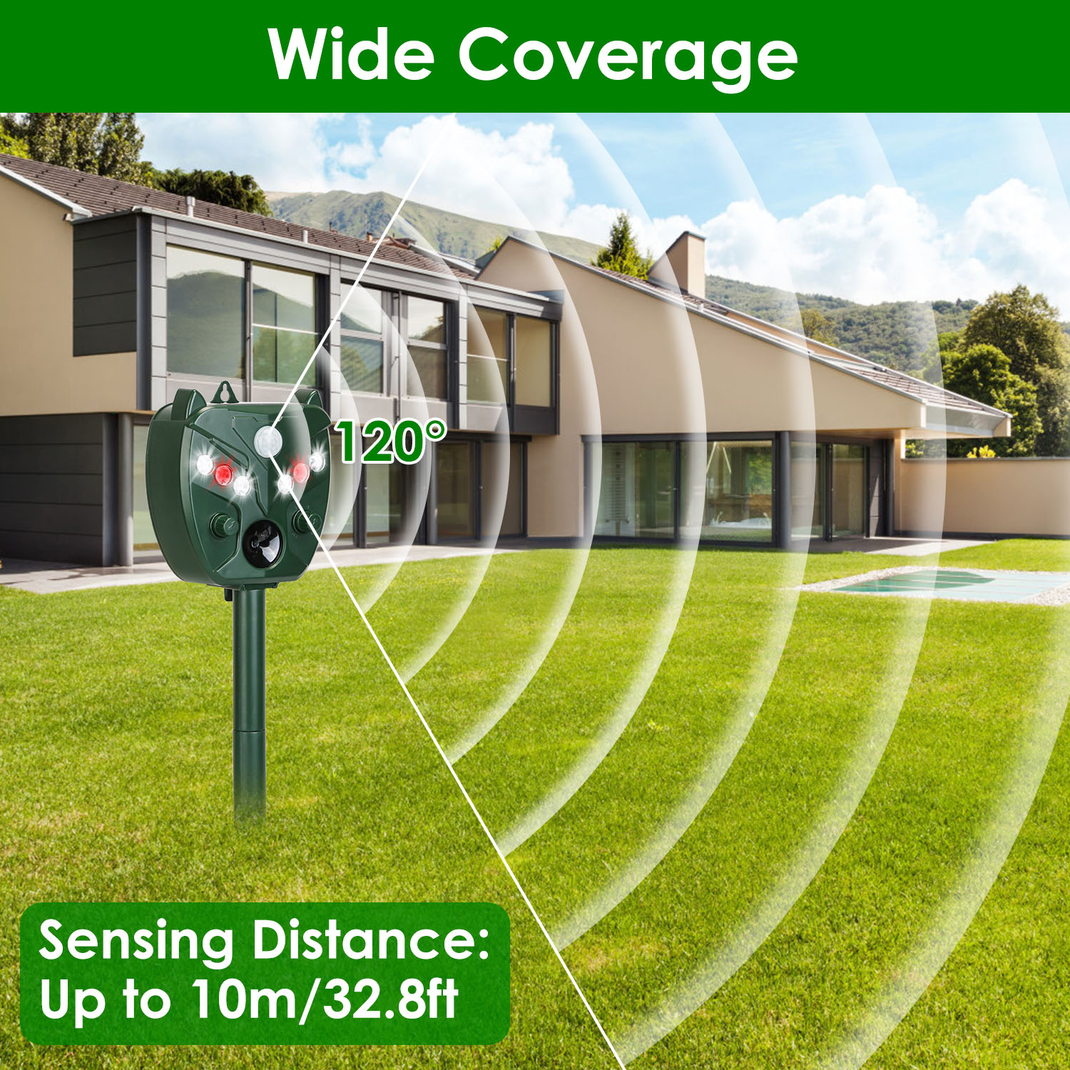 Repelente Solar Ultrasonico para Animales Exterior con 5 Velocidades para Jardín Granja Cauce de Ratas Mapaches Ardillas Conejos Perros Gatos y Vertebrados Acuáticos con Alarma Lámpara Stroboscópica IP44 — imagen 2