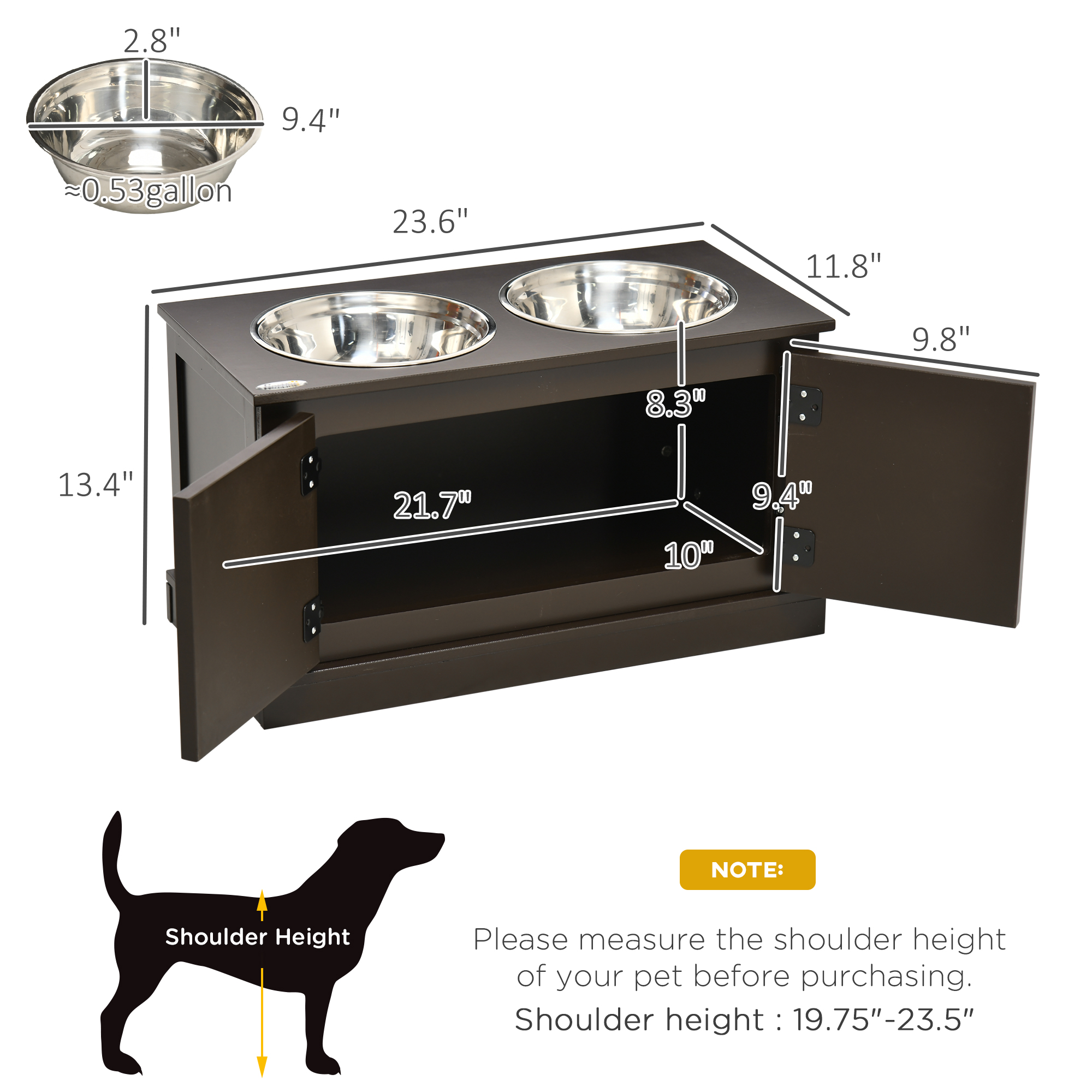 Comedor Elevado para Perros con Almacenamiento, Dos Tazas de Acero Inoxidable para Perros Grandes, Café — imagen 4