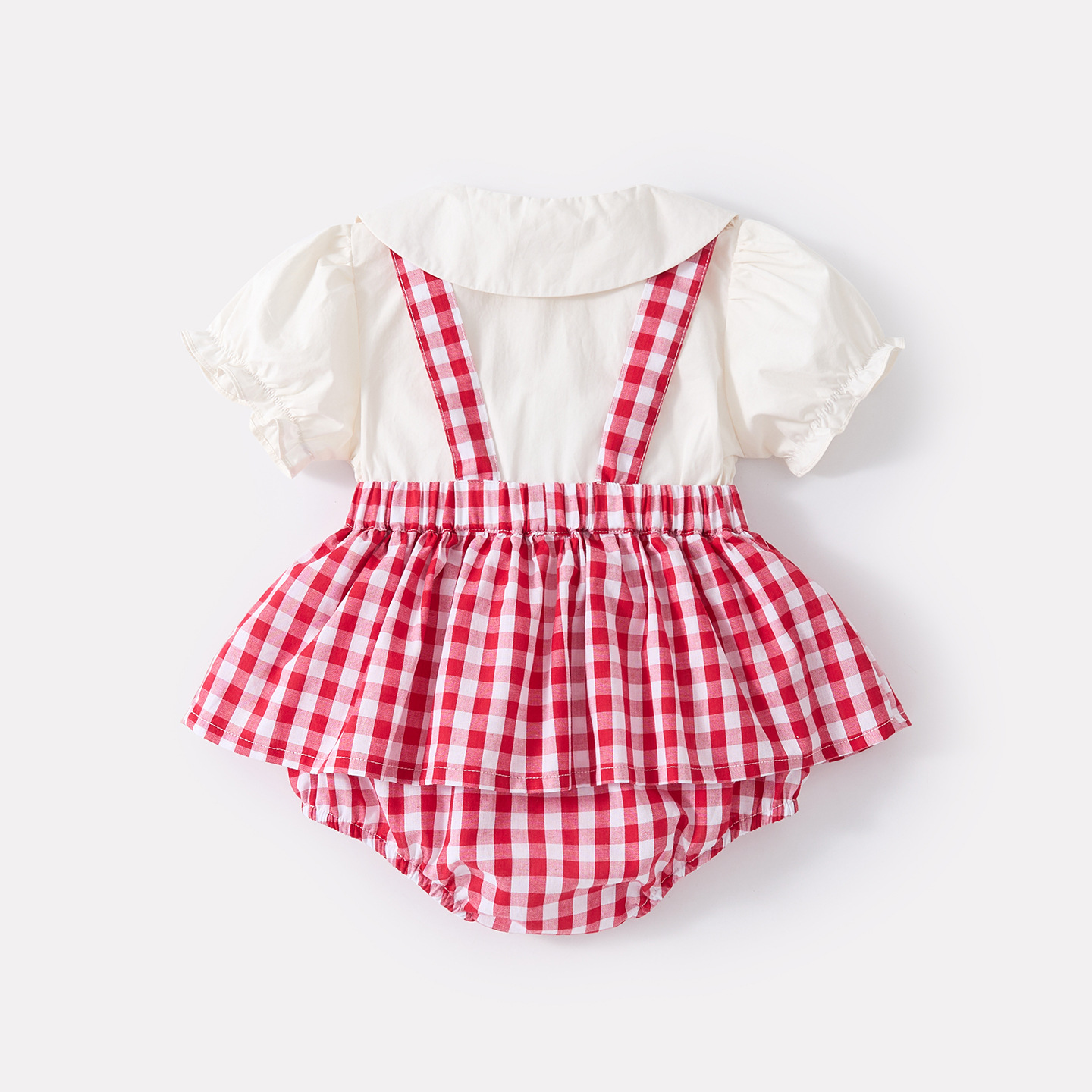 Baby Doll Collar Cartoon Embroidered Cat Short Sleeve Infant Plaid Overall Romper Two-Piece Set — image 5