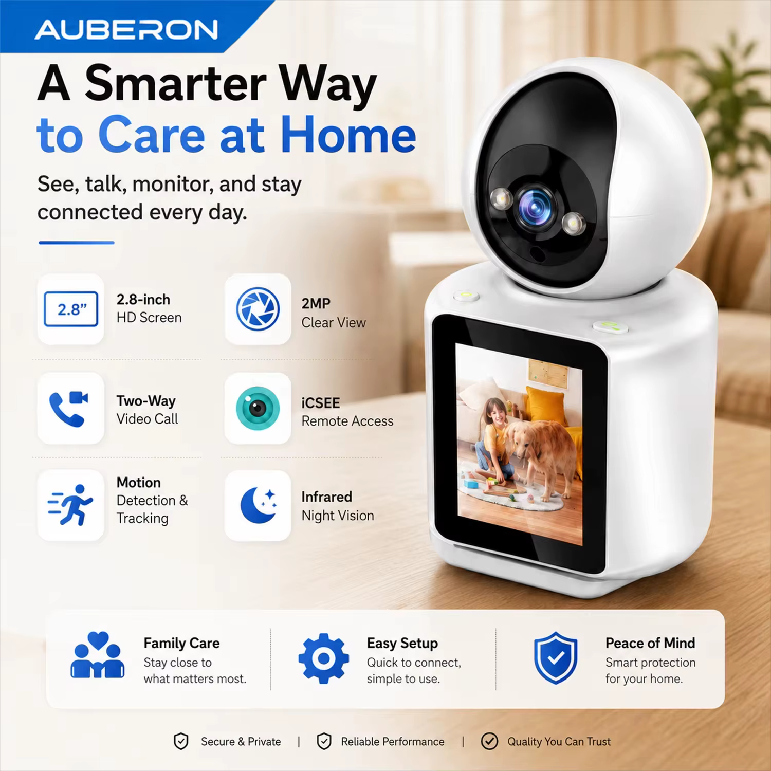 2MP Smart WiFi Indoor Camera with 2.8in Screen One Touch Video Call Auto Tracking Night Vision ICSEE Baby Elder Pet Home Monitor
