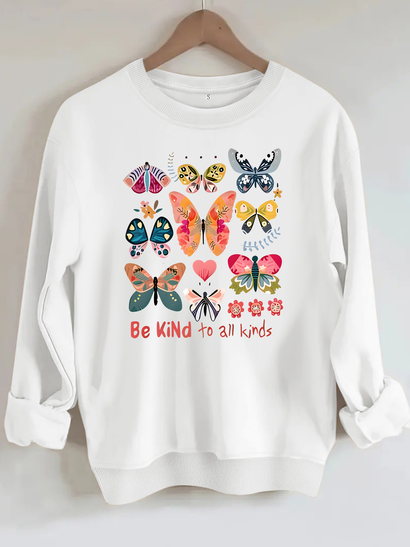 Butterfly and Goodwill Text Printed Round Neck Hoodie for Women — image 7