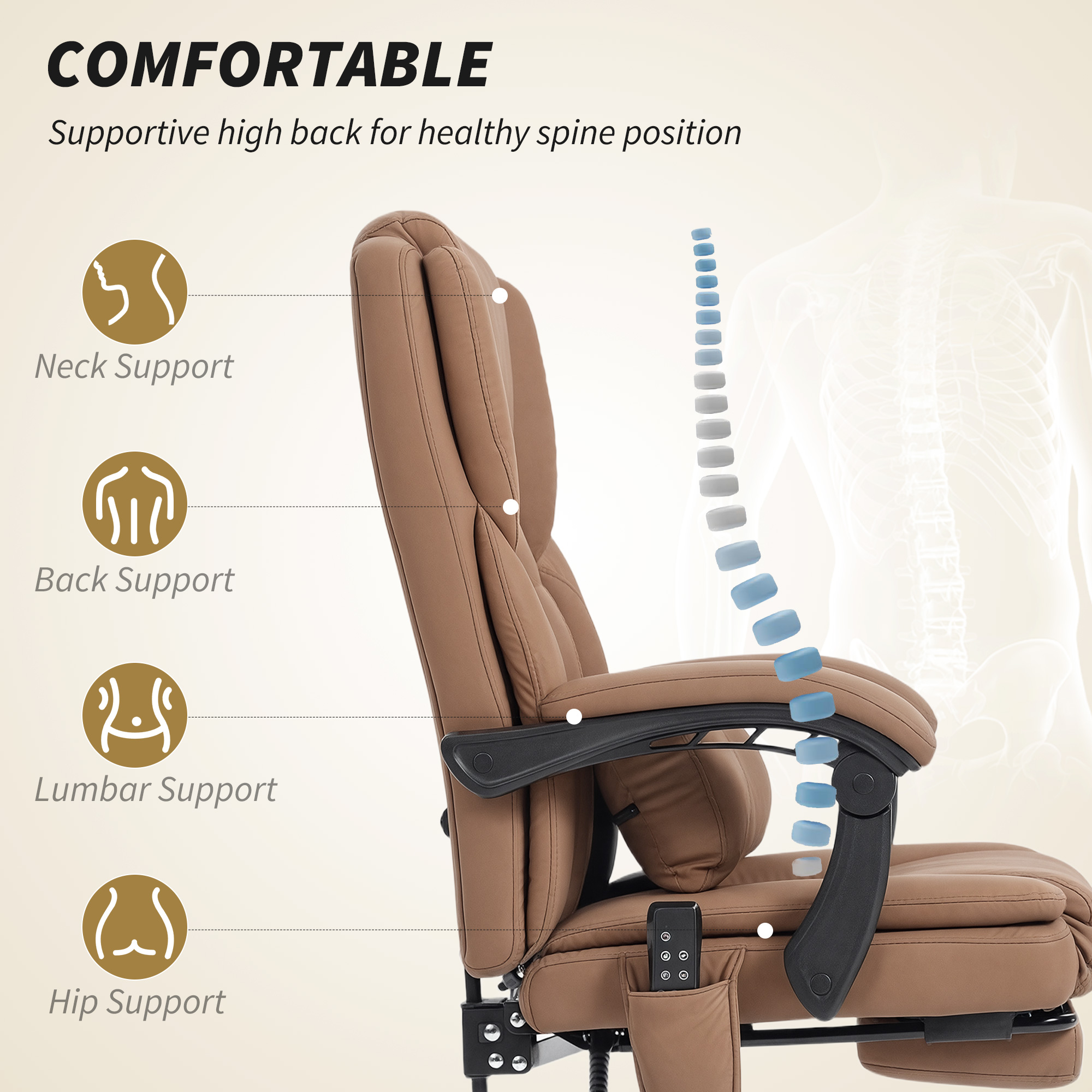 Silla de Oficina con Masaje, Cuero Falso Amigable para Mascotas, Silla Reclinante con Soporte Lumbar y Piso para Piezas con Soporte Total — imagen 4