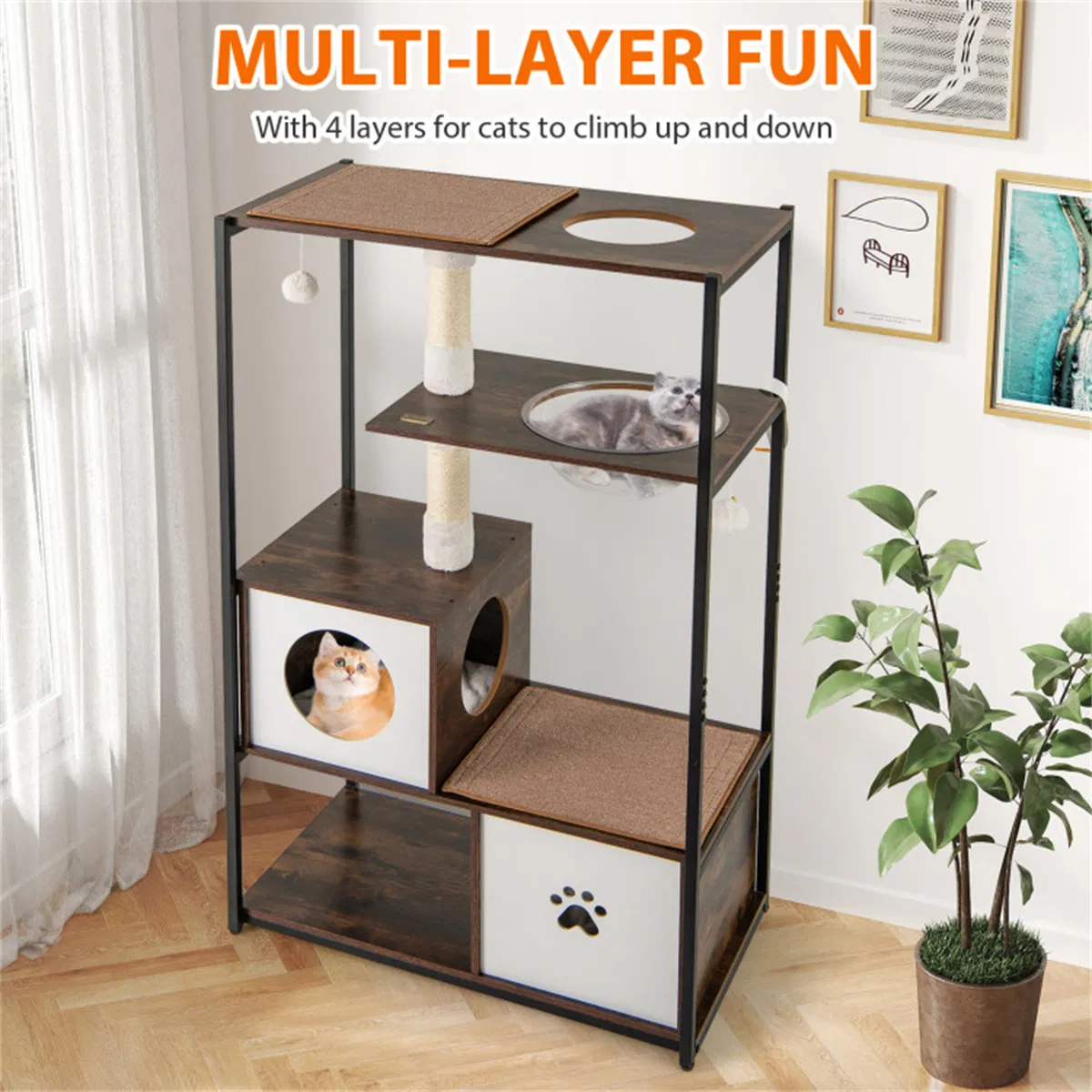 Stylish Wood-Metal Cat Tree - 33 lbs Per Layer Capacity, 2 Private Condos + 2 Relaxation Platforms, Complements Room Decor — image 5