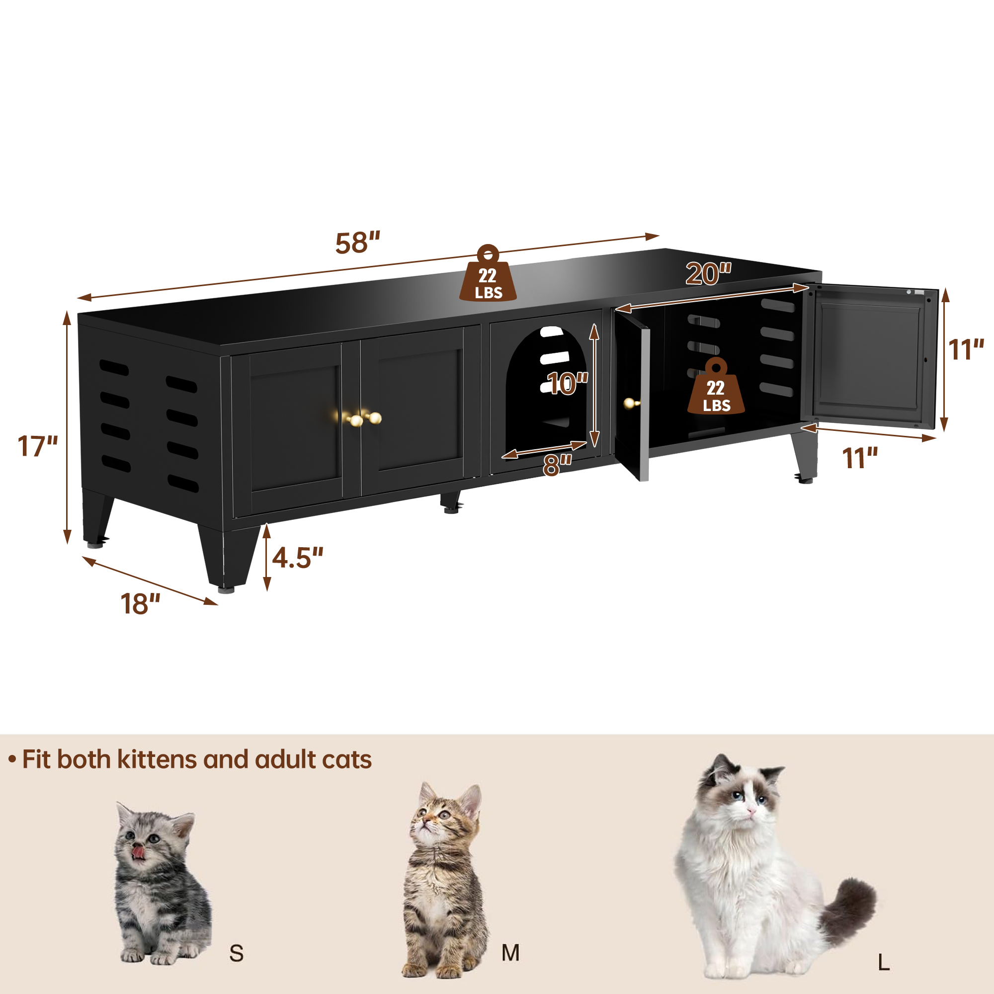 Mueble Cubridor de Arenero Metálico de 58", Mueble Ocultador de Arenero para 2 Gatos, Casa Interior Grande para Gatos, Mueble para TV con Ventilación y 2 Compartimentos, Baño para Mascotas Moderno Negro con Patas Ajustables — imagen 5