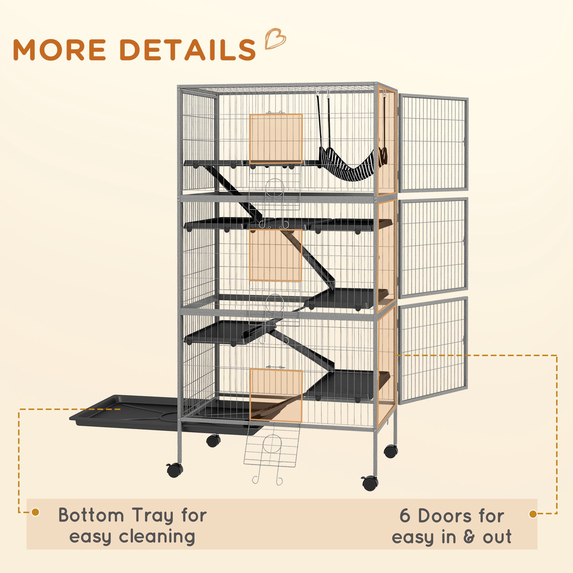 Jaula de Animales Pequeños con Ruedas, 63" con Hammock, Jaula para Hurones, Jaula para Chinchillas, Hábitat para Mascotas con 6 Puertas, Plataforma Removible — imagen 8