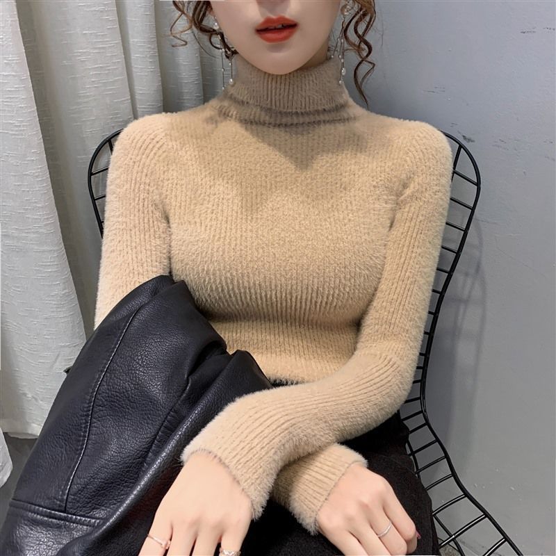 Women's Long Sleeve High Neck Slim Fit Thickened Faux Mink Knit Sweater — image 11
