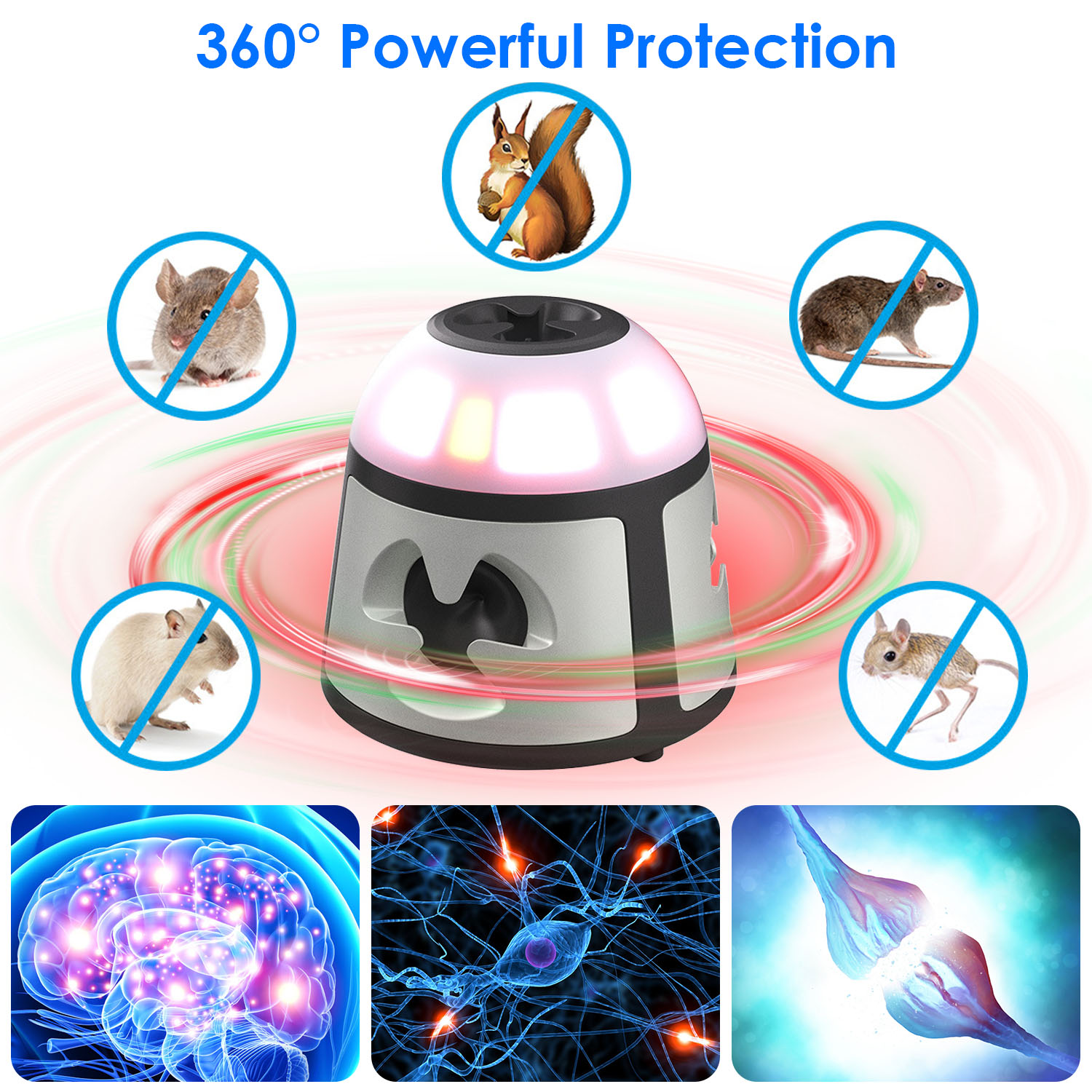 Repelente Ultrasónico de Ratones 360 Grados para Interior, Dispositivo de Control de Roedores para Ratas y Ardillas con 4 Modos, 9 Luces Estroboscópicas y Bocina de Alarma, para Cocina y Almacén — imagen 13