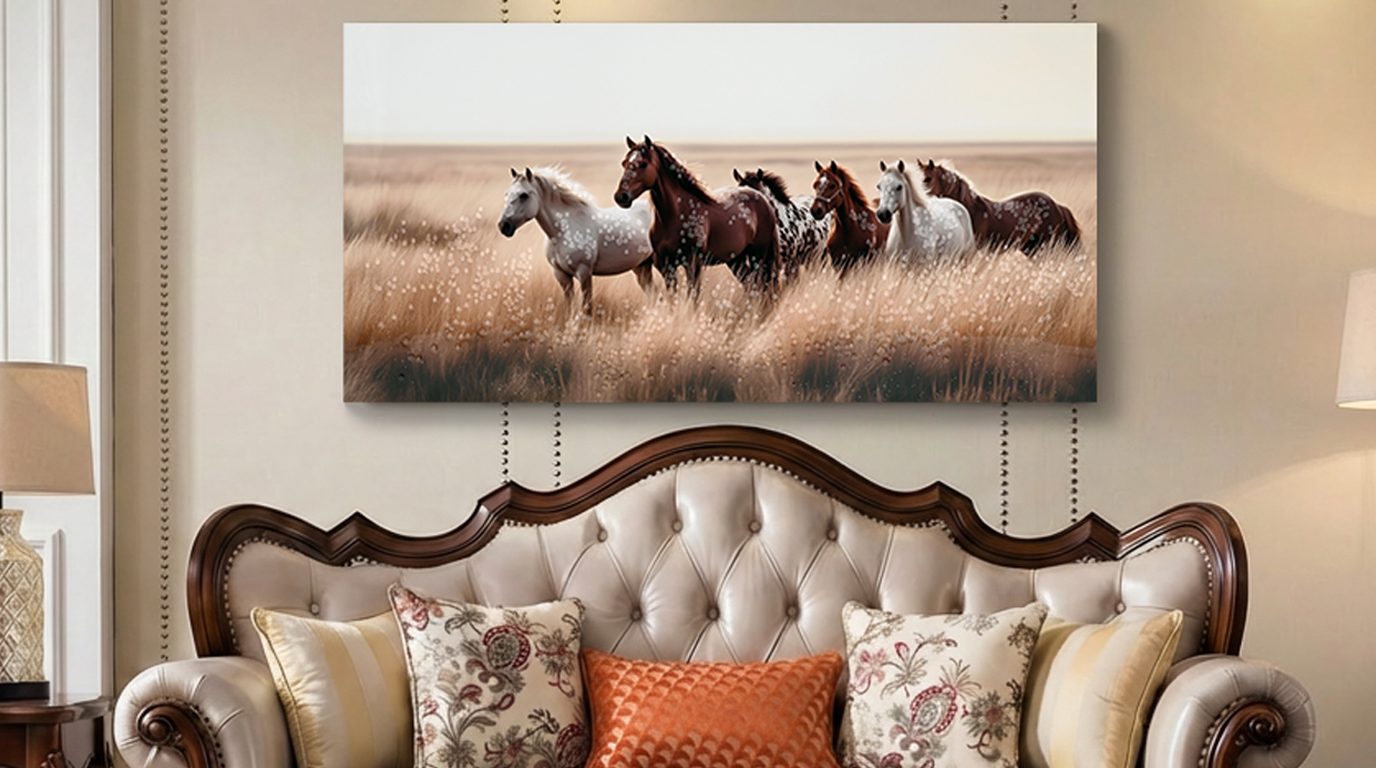 Arte de Caballos Rústicos en Paño para Pared - Escena de Campo Occidental con Ponies y Animales Salvajes — imagen 2