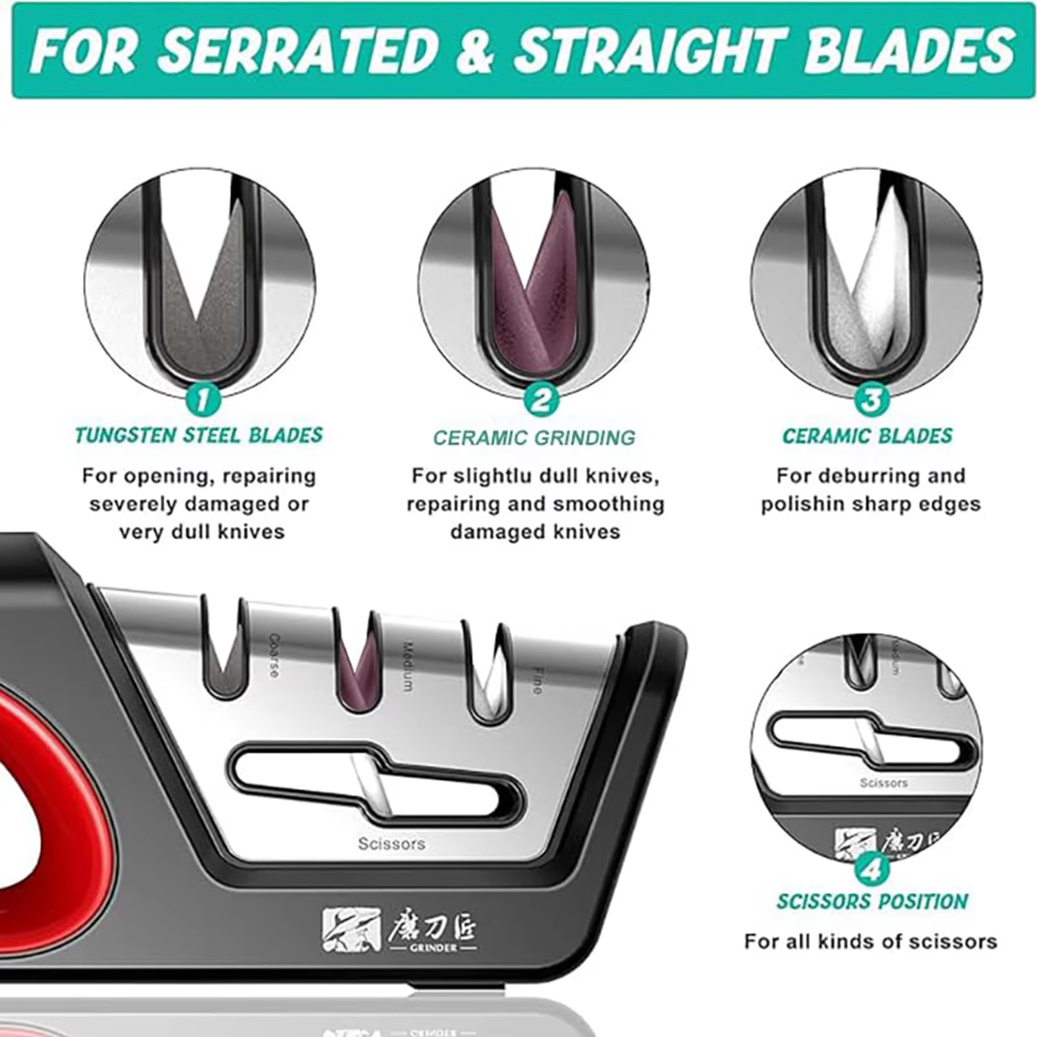 Four in One Kitchen Sharpener Restores Serrated Blade Knives and Scissors, Diamond Tungsten Steel Ceramics — image 3