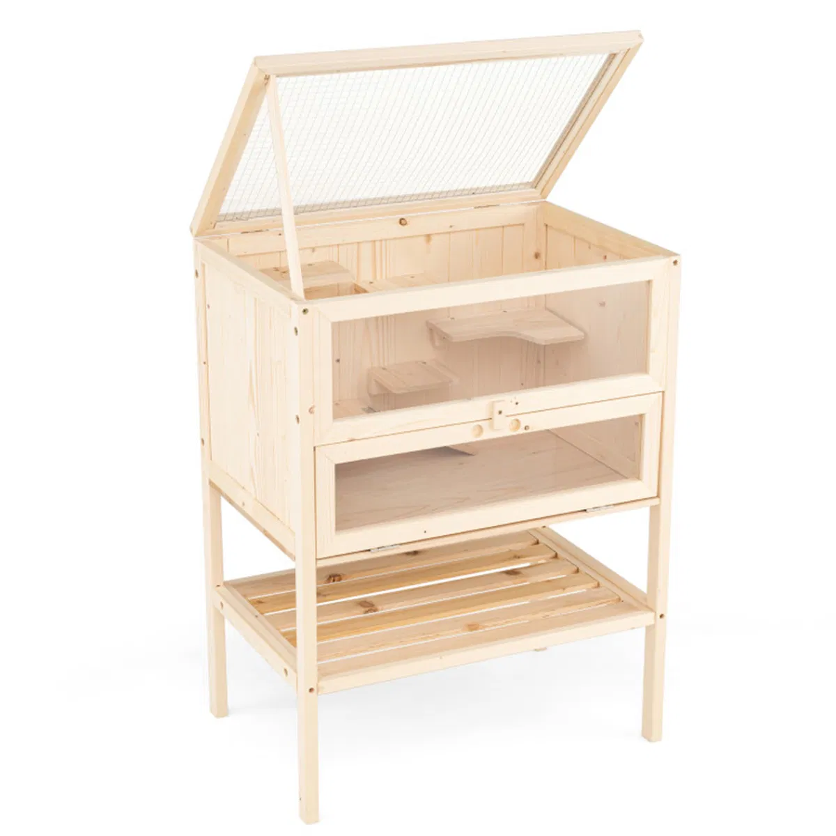 31.5 " Fir Wood Hamster Cage with Flip Mesh Roof, Multi-Level Activity Areas & Bottom Storage Shelf — image 9
