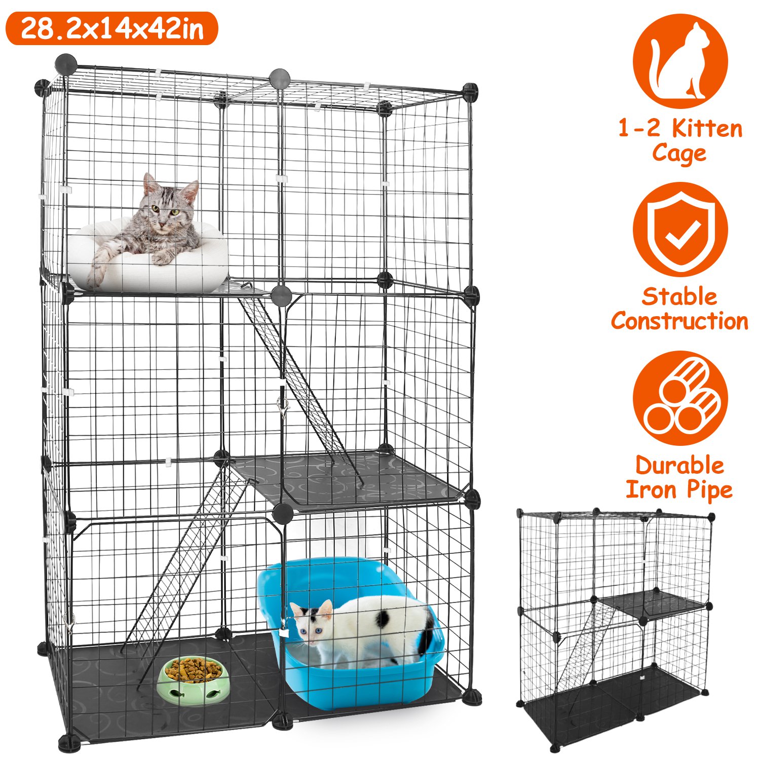 Jaula/Corral Metálico para Gatos de 3 Niveles, Casa Desmontable para Gatitos con 3 Puertas y 2 Escaleras, Amplio Espacio de Ejercicio para 1-2 Gatos, Negro — imagen 7