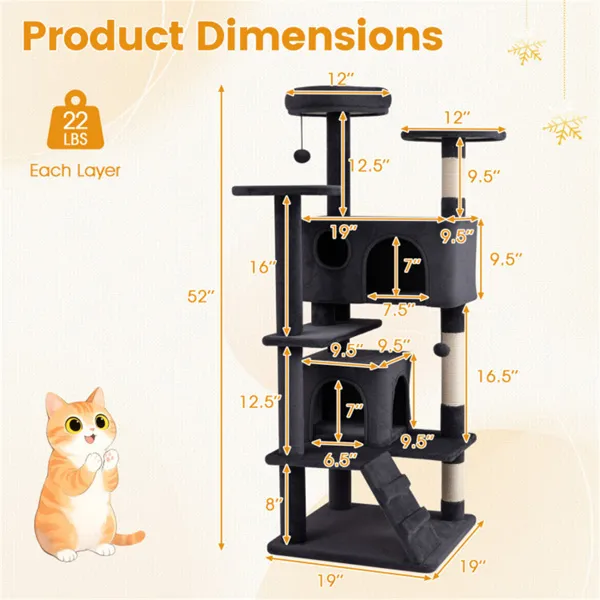 52" Tall Cat Tree Tower With Perches & Condos, Multi-Cat Playground With Scratching Posts (Dark Gray) — imagen 2