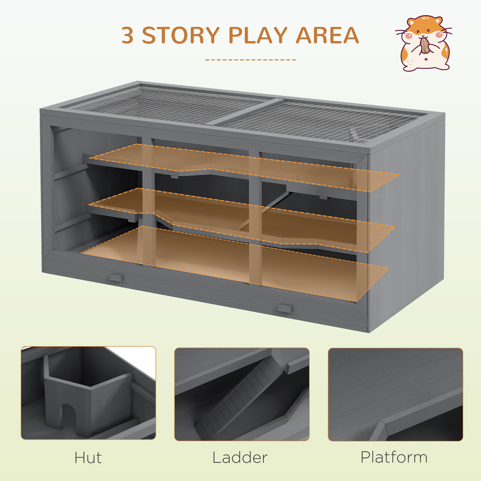 Caja de Ratón de Madera Grande con Techo Abierto, Cabaña, Rampas, Gris — imagen 6