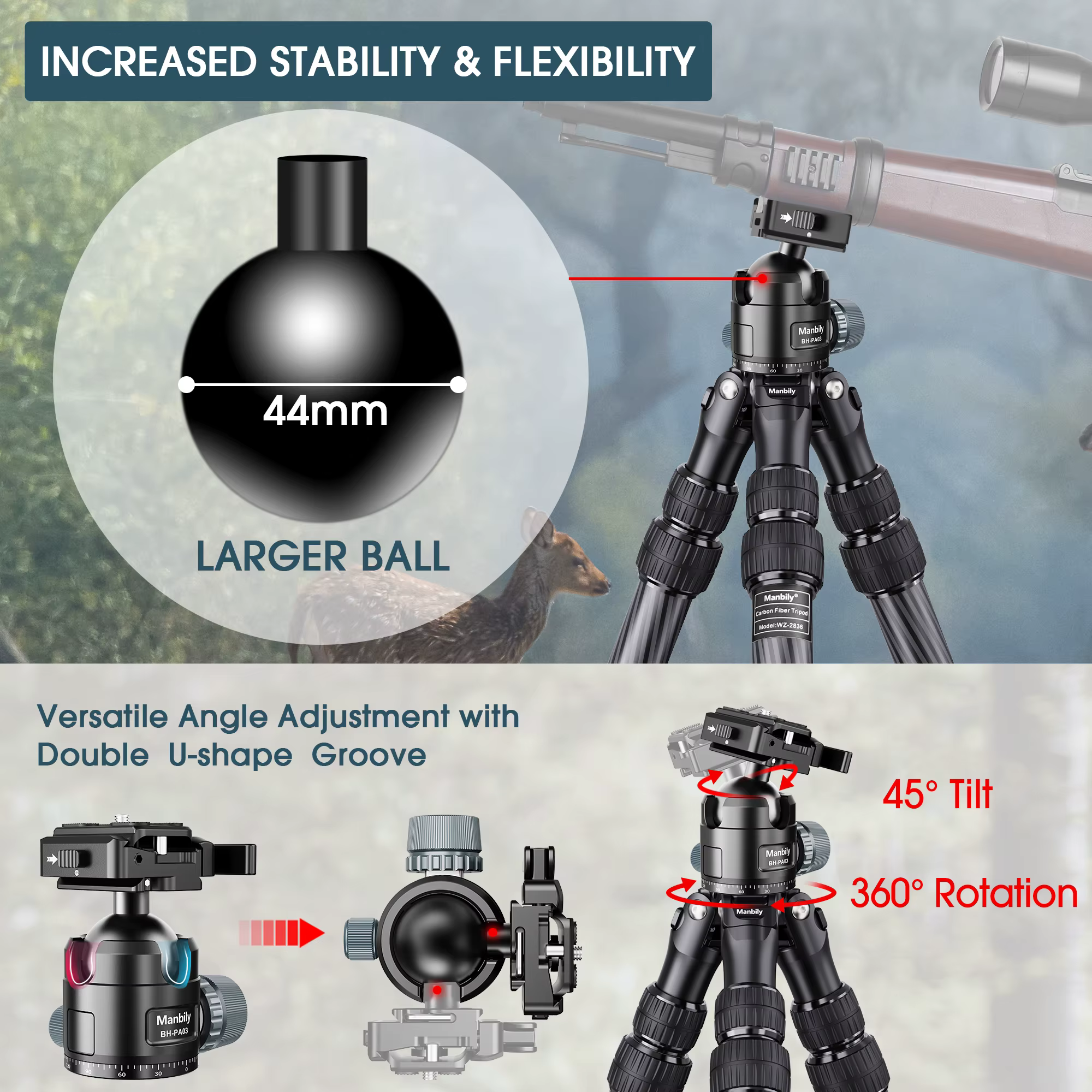 Manbily WZ2836 Carbon Fiber Hunting Tripod For Shooting Birdwatching With Heavy Duty Arca Swiss Ballhead Max 20kg 36mm Leg — image 3