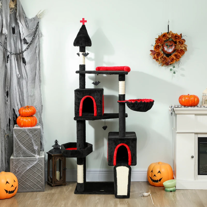 Gothic Cat Tree, Cat Tower With Coffin Bed, 2 Spacious Condos, Sisal Scratching Posts, Bat Hanging Balls, Halloween — imagen 2