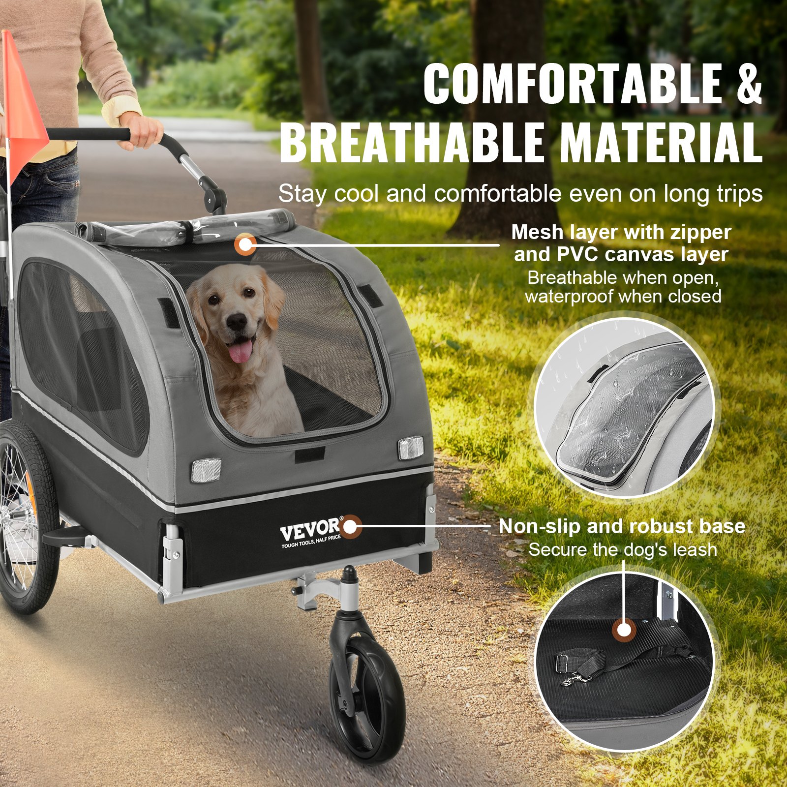 Dog Bike Trailer, Supports Up To 88 Lbs, 2-in-1 Pet Stroller Cart Bicycle Carrier, Easy Folding Cart Frame With Quick Release Wheels, Universal Bicycle Coupler, Reflectors, Flag, Black/Gray — image 4