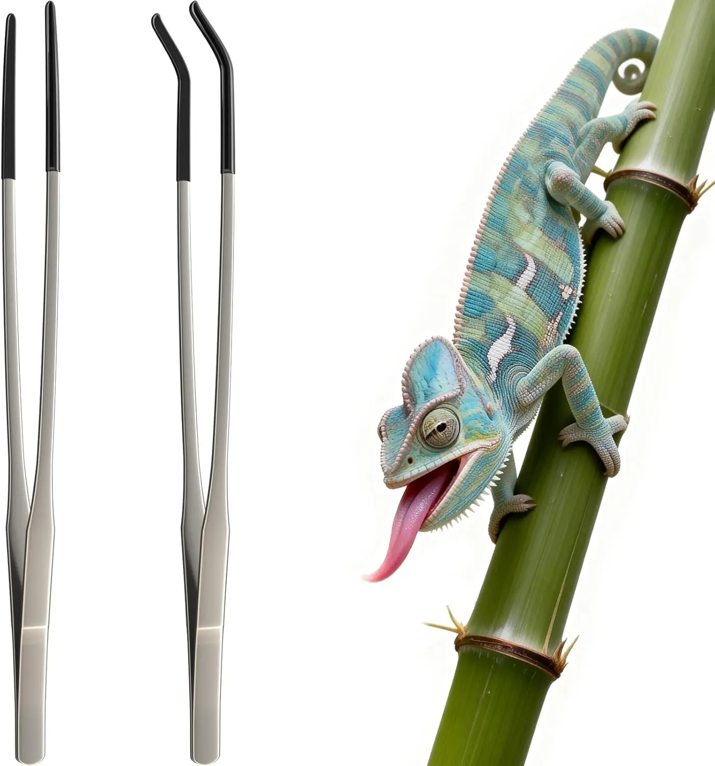 2 Pcs Extra Long Stainless Steel Reptile Feeding Tongs 10.6 IN with Soft Rubber Tip – Straight & Curved Tweezers for Bearded Dragon, Tank Accessories, Lizards, Terrarium, Aquarium, Leopard Gecko — image 1