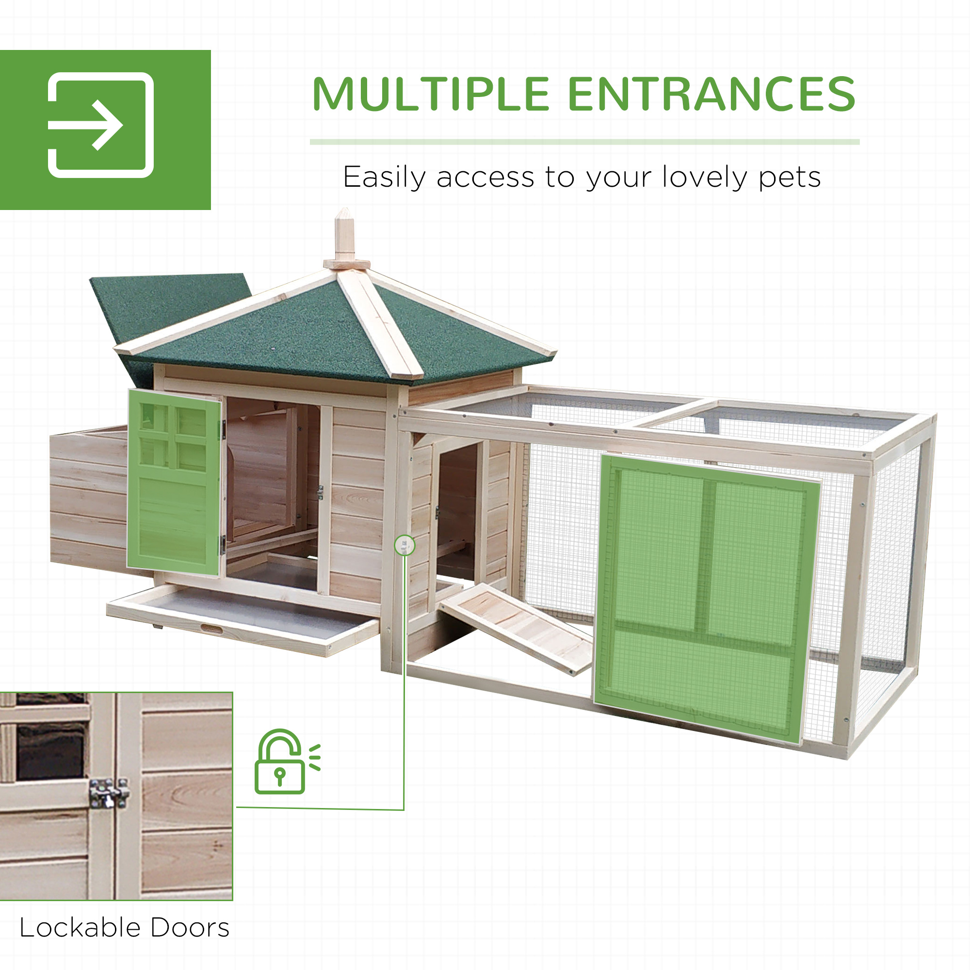 77" Wooden Chicken Coop with Nesting Box, Cute Outdoor Hen House with Removable Tray, Ramp Run, for Garden Backyard, Natural — imagen 7