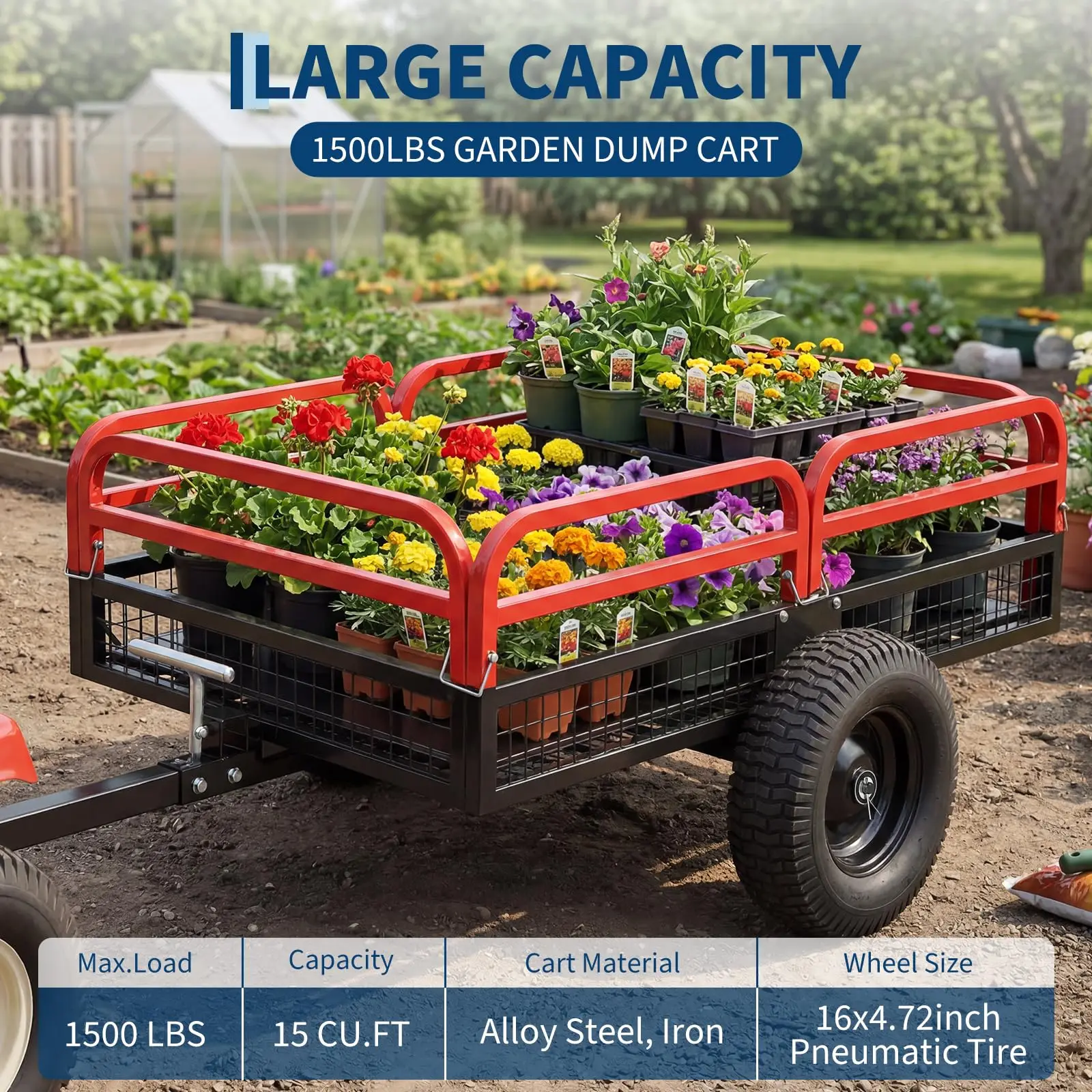Remolque Utilitario de Alta Resistencia, 1500 Lb Capacidad, 15 Pie Cuadrados con Lados Removibles y Neumáticos Todo Terreno para Tractor de Corte y Jardinería — imagen 1