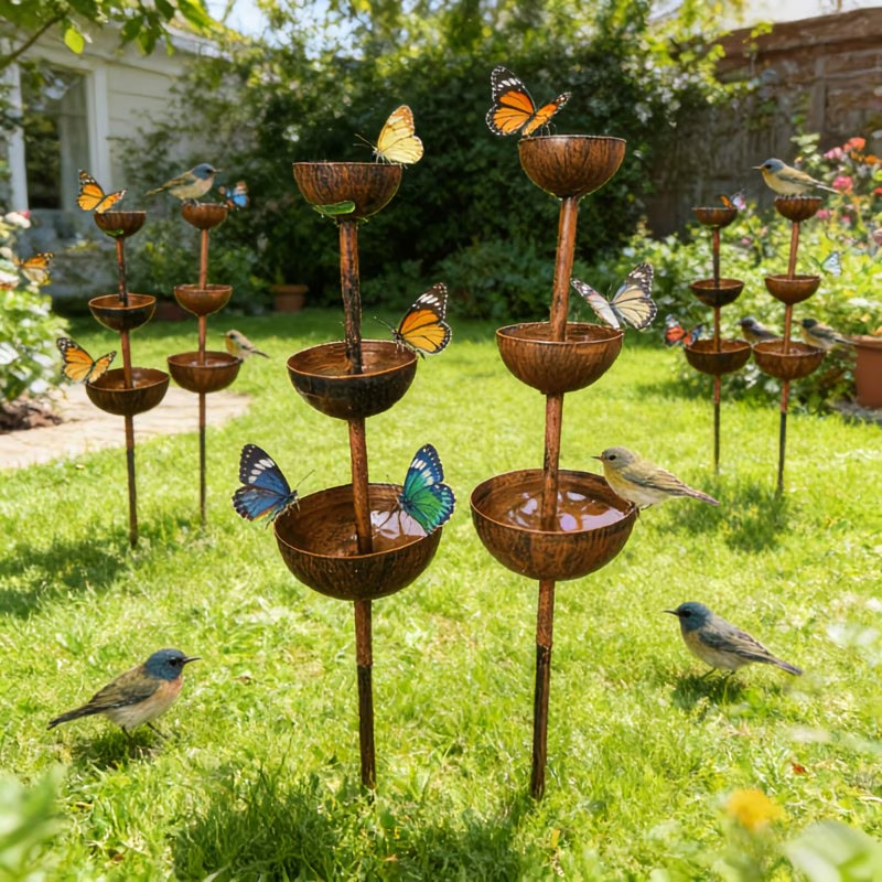 3-Tier Vintage Rustic Metal Bird Watering Station | 3-Tier Rusty Iron Garden Water Collector Feeder, Outdoor Garden Patio Decor — image 2