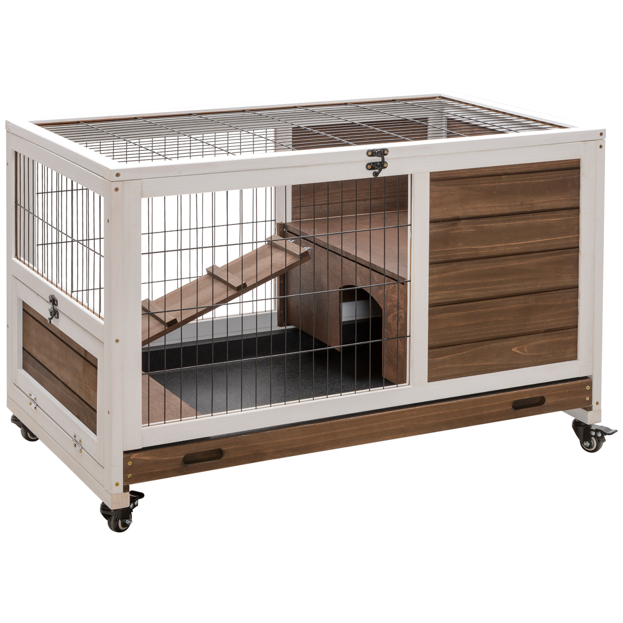 PawHut Caja de Conejo en Madera para Interior y Exterior, Jaula Elevada con Plataforma Sin Derrames Con puertas y Ruedas, Ideal para Conejos y Pequeños Animales, Marrón — imagen 3