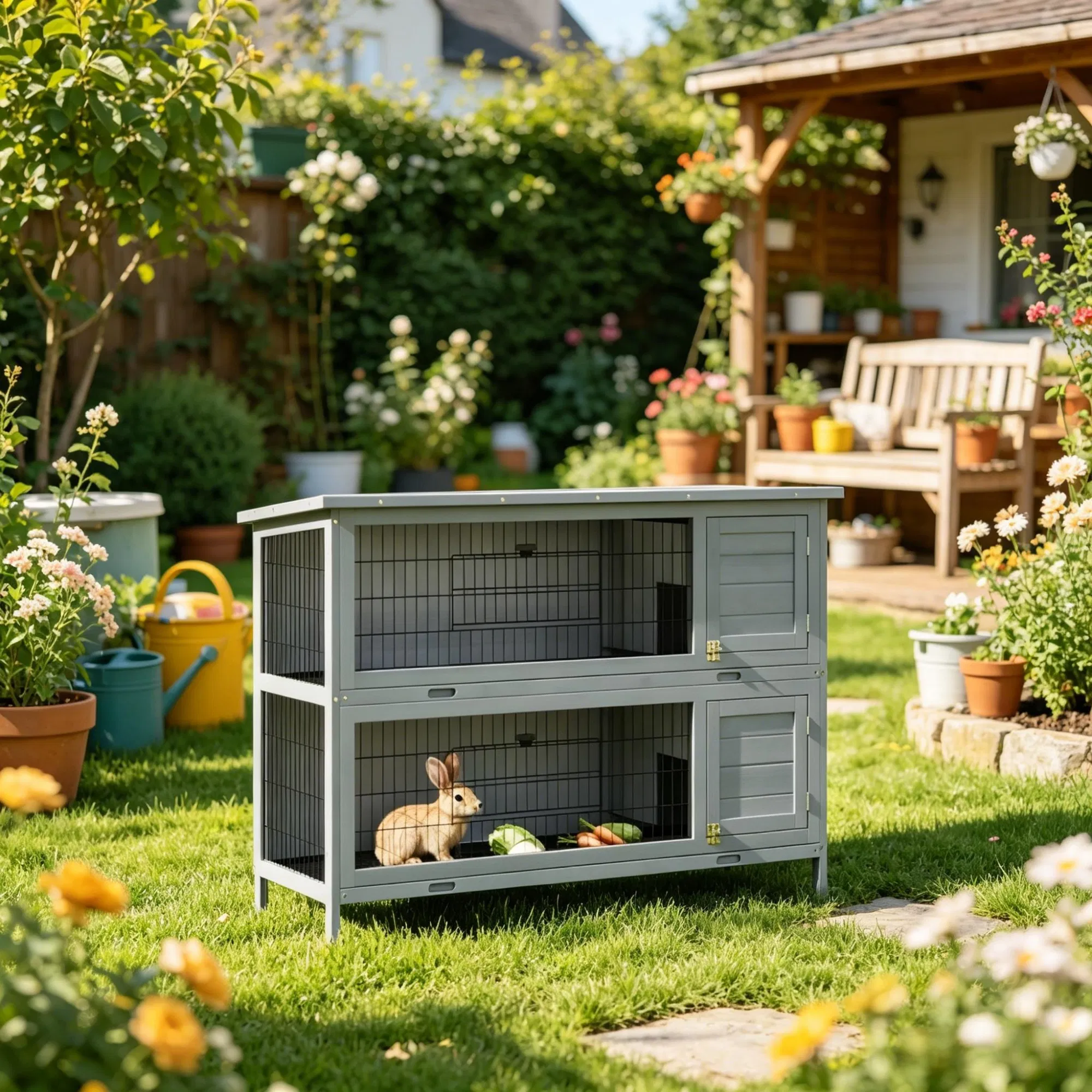 54" 2-Story Large Rabbit Hutch, Bunny Cage, Wooden Pet House, Small Animal Habitat, Gray with Lockable Doors, Tray, Roof — image 2