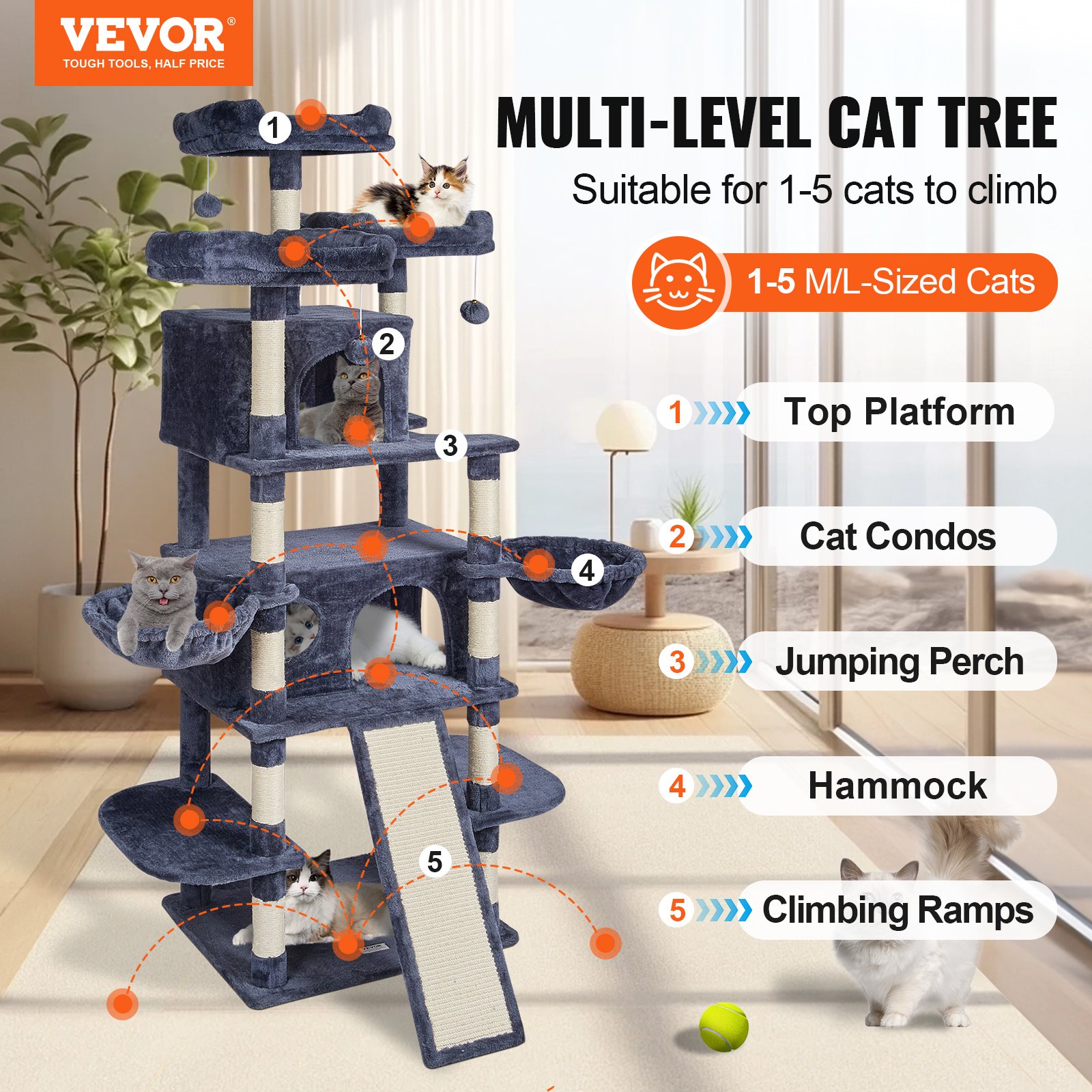 Árbol para Gatos de Interior, 68,5" Torre para Gatos con 2 Condos, Palo de Escarificar de Sisal, Hamacas, Perchas Superiores y Plataformas de Salto, Centro de Actividad para Gatos con Pelotas Colgantes, Gris Oscuro — imagen 3