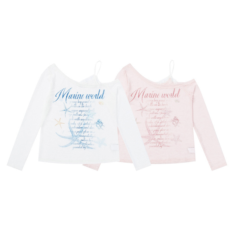 Cartoon starfish print slanted shoulder long sleeved T-shirt for women — image 4