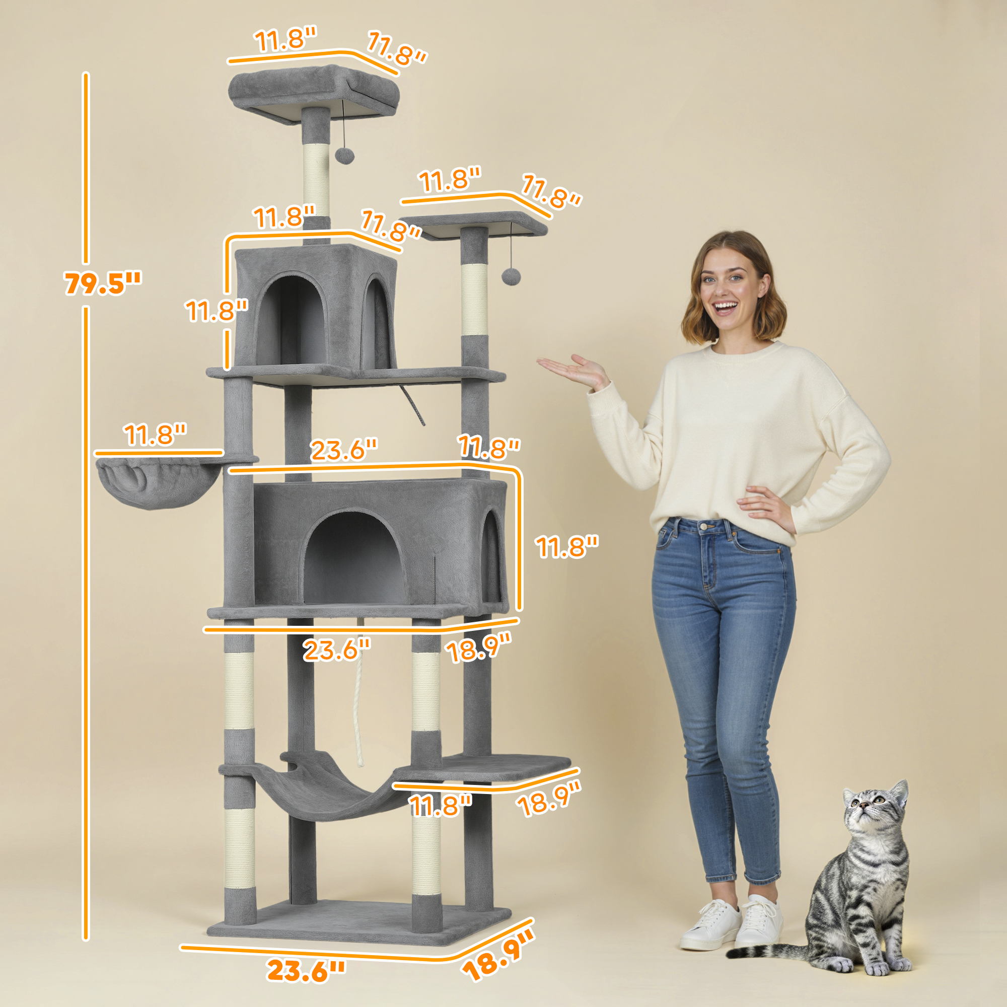 Torre para Gatos de Niveles Múltiples, 80" de Alto, con 2 Condominios, 2 Hamacas y 6 Postes de Escarbar de Sisal en Gris Oscuro — imagen 6