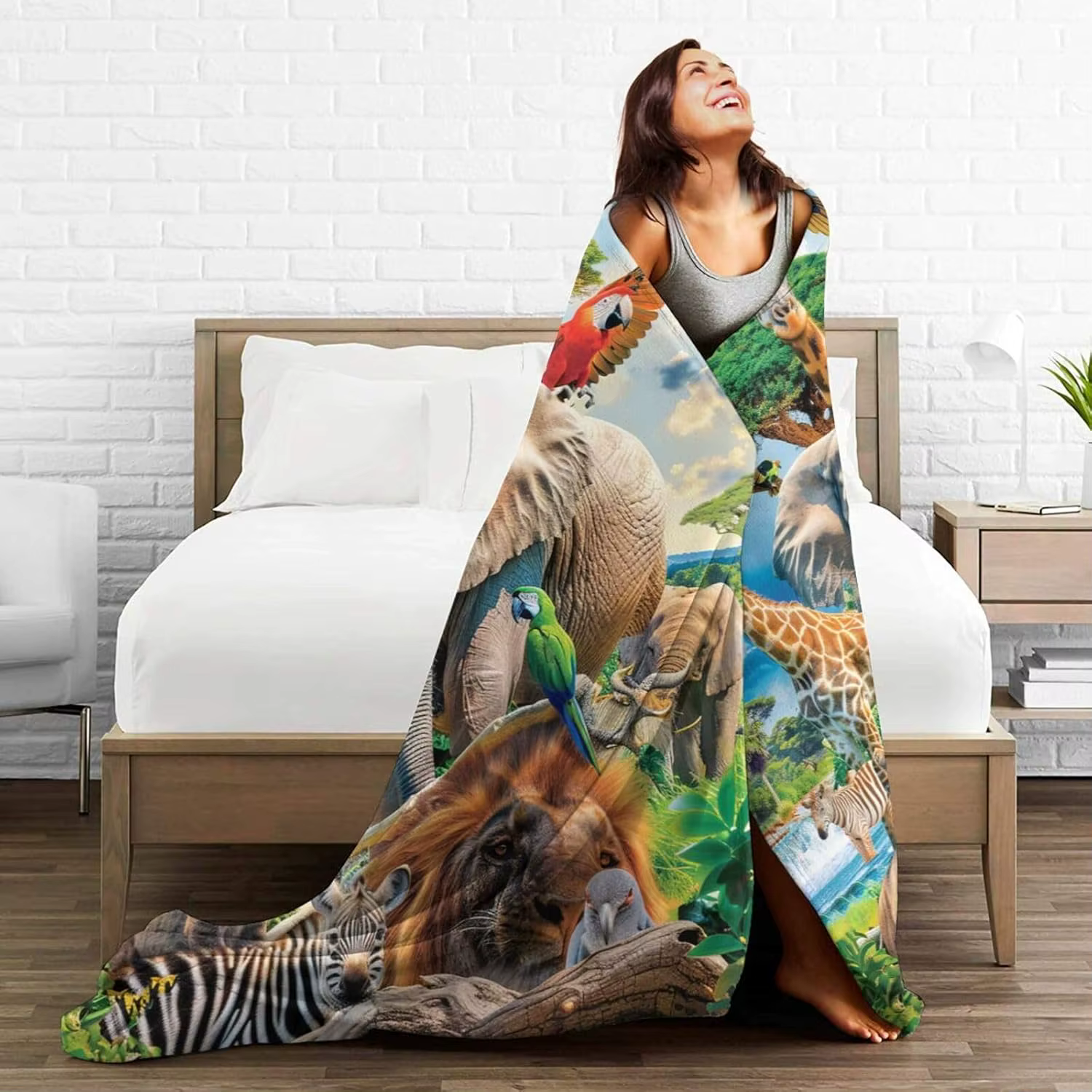 Manta de Animales del Zoológico – Muy Suave Cobertor Temático de Selva con Elefantes, Jirafas y Cebras para Niños y Adultos — imagen 5