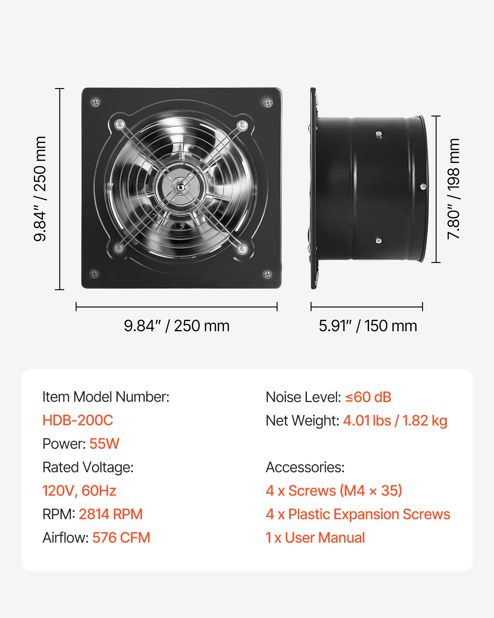 Ventilador de Exhausto 576 CFM de Alta Velocidad para Fijación en Pared con Control On/Off, Baja Consumo, Extractor Portátil de Ventilación para Ático, Garaje, Sótano, Taller, Cocina, Galpón de Pollos, Negro — imagen 1