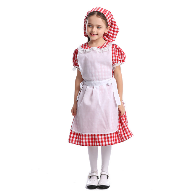 Children Red and White Checkered Cottage Maid Costume Apron and Headscarf Set Farm Theme Stage Performance Costume — image 3