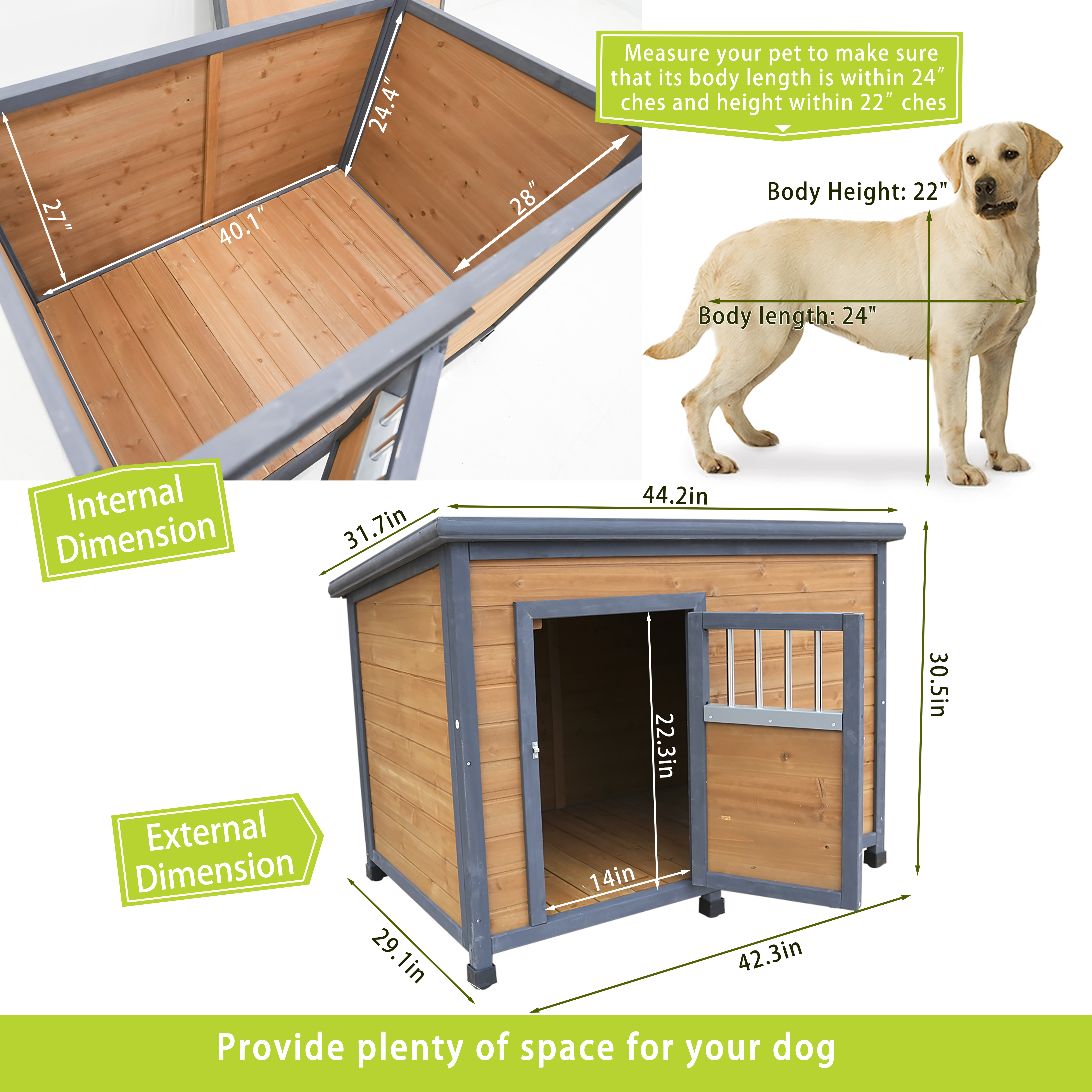 Casa de perro grande en madera sólida, techo impermeable PVC, puertas de madera respirables — imagen 2