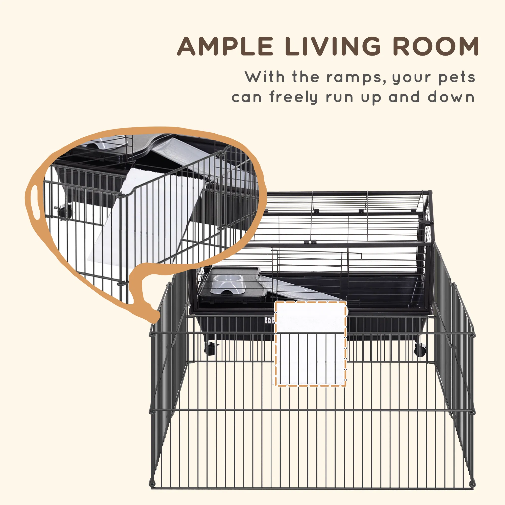 Metal Small Animal Cage, Rabbit Cage for Guinea Pig Chinchilla Hedgehog Bunny with Removable Wheels and Foldable Detachable Run Fence, 34.6" L x 50.6" W x 22" H — image 3