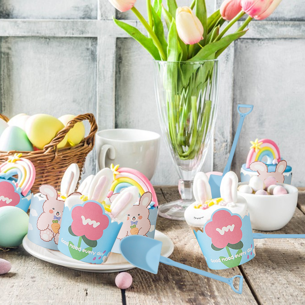 Cute Cupcake Liners Wrappers With Plastic Spoons Bunny Flower Pattern Paper Baking Cup Scalloped Edge Cupcake Muffin Cases For Easter Spring Birthday Wedding Holiday Party Supplies — image 2