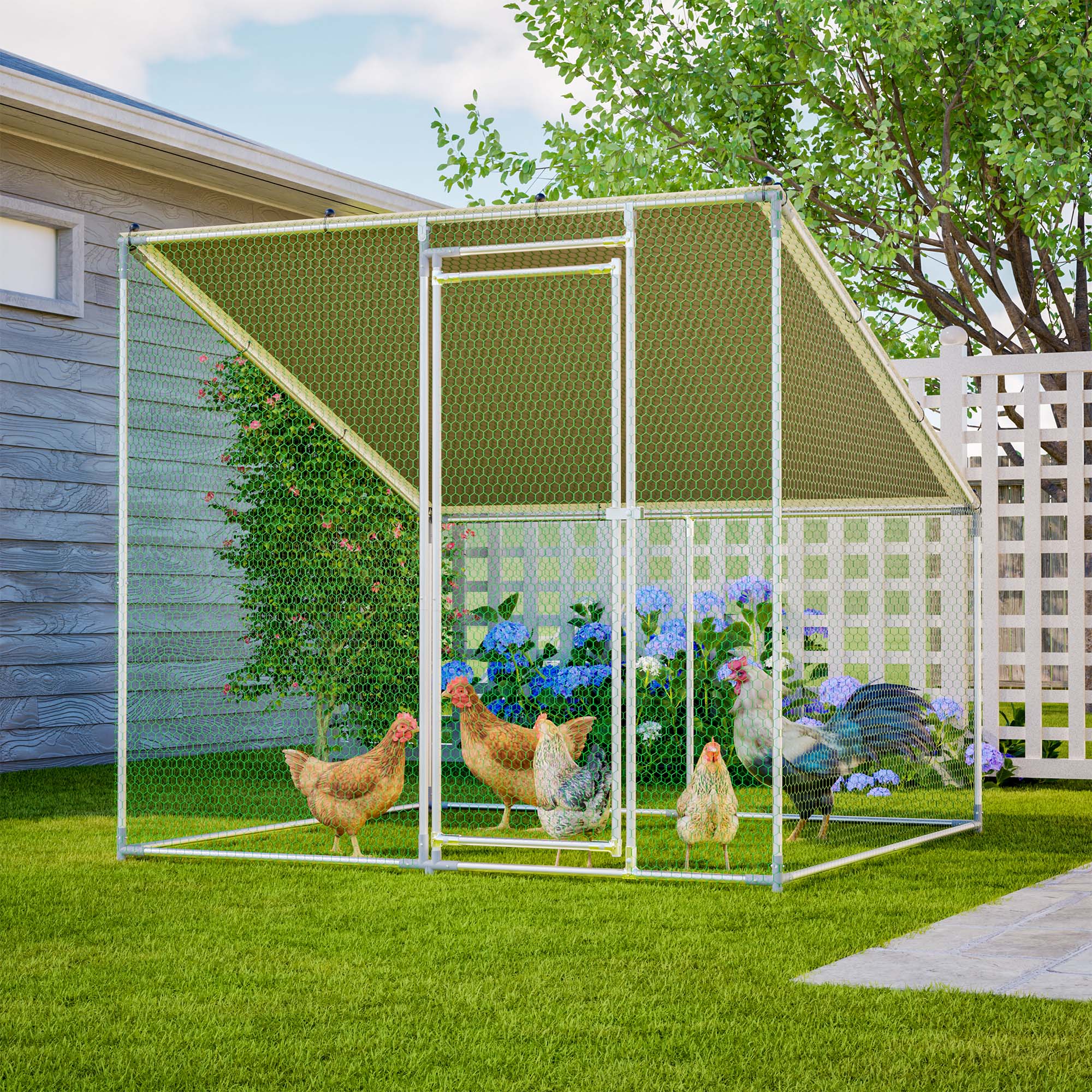 Gallinero Metálico Transitable 84 x 78.7 x 72.7, Techo Inclinado, Jaula Resistente para Todo Clima con Funda Impermeable y Anti-UV, Corral Estable de Exterior para Patio con Conectores de Botón a Presión y Malla Reforzada — imagen 1