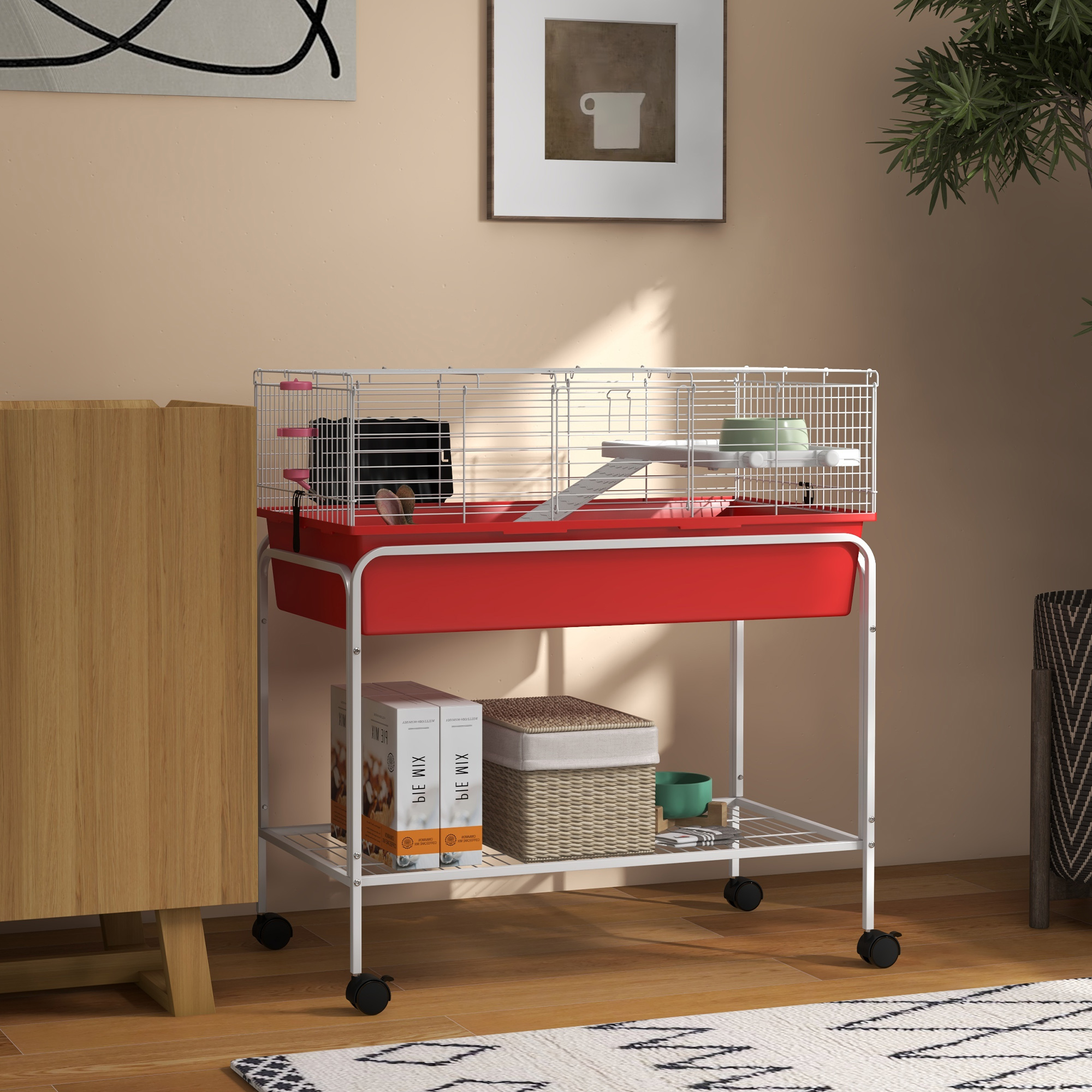 Two-Story Small Animal Cage Removable from Stand, Pet Habitat with Shelf & Wheels, 33" x 18.5" x 35", Red — imagen 7