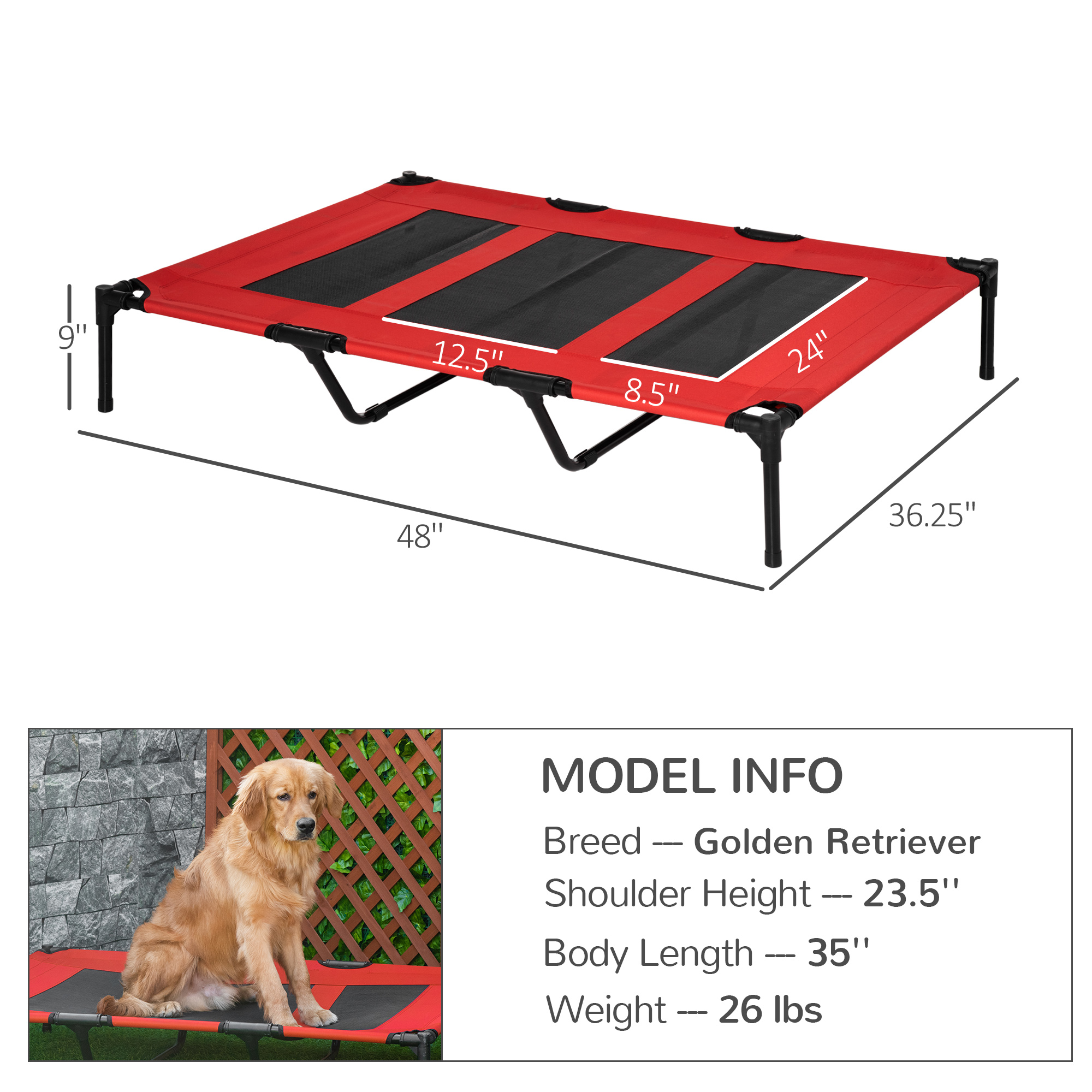 Cama para Perros Elevada XL, Cama de Perro Al Aire Libre con Soporte Metálico y Malla Respirable para Interior y Exterior Rojo — imagen 5