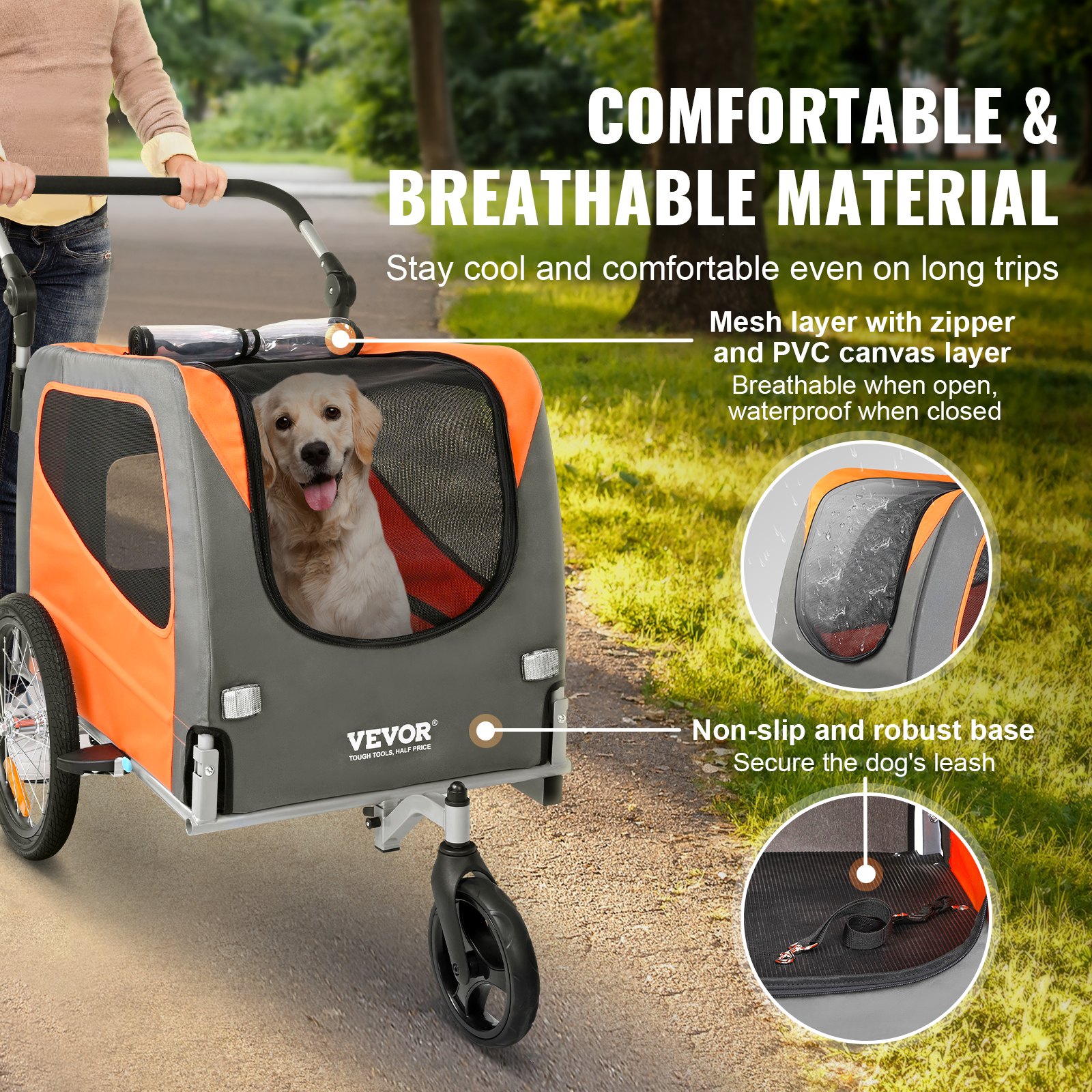 Dog Bike Trailer, Supports Up To 66 Lbs, 2-in-1 Pet Stroller Cart Bicycle Carrier, Easy Folding Cart Frame With Quick Release Wheels, Universal Bicycle Coupler, Reflectors, Flag, Orange/Gray — image 5