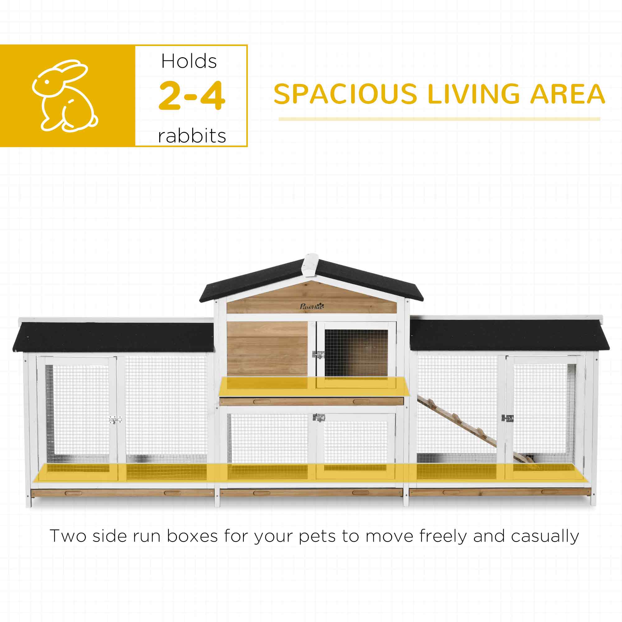 Conejera de Madera de 90.5", Jaula para Conejos, Corral y Casa para Mascotas con Cajas de Corral Laterales Dobles, Bandeja Antifugas, Rampa, para Conejos, Gallinas, Patos, Cobayas y Pequeños Animales, Blanco — imagen 5