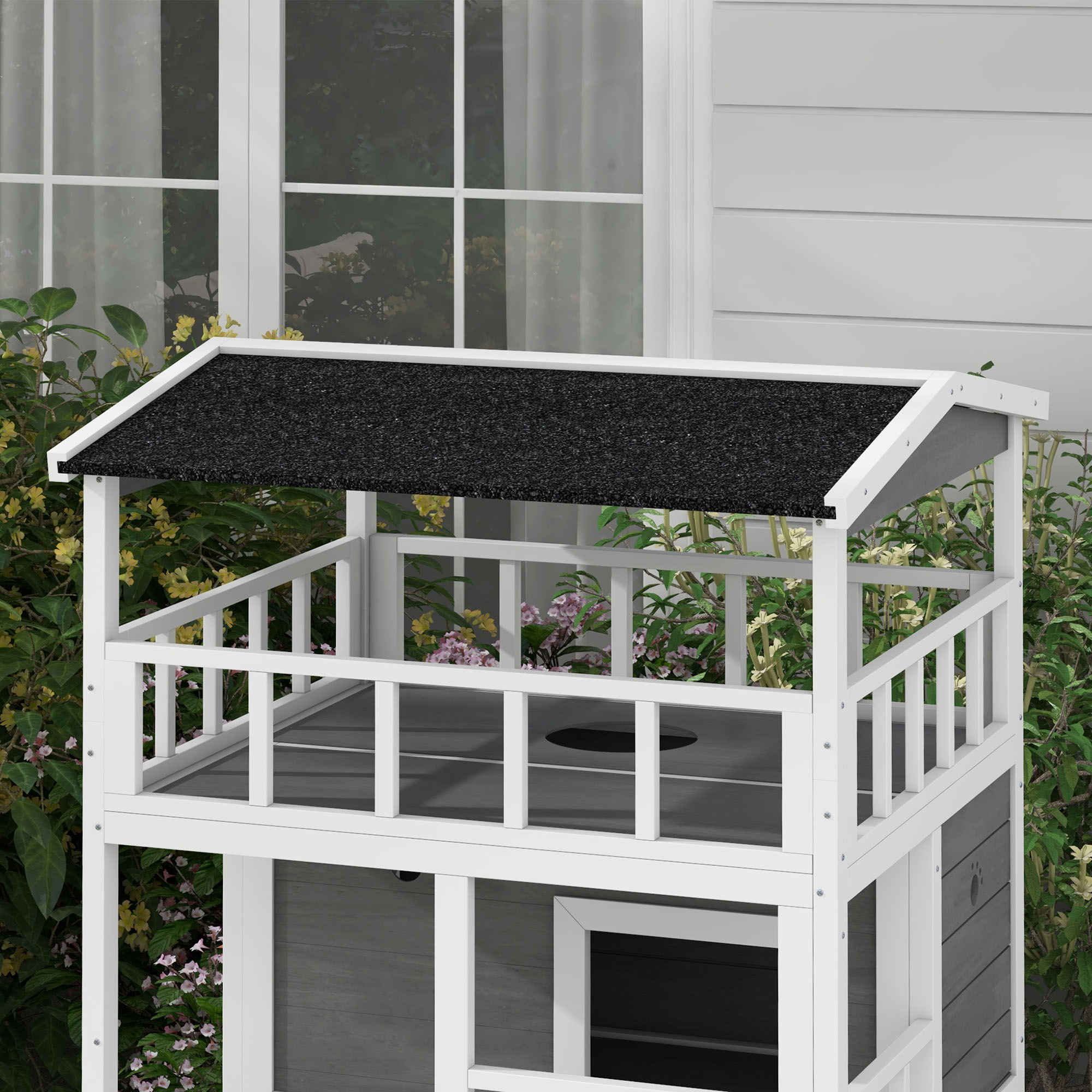 Wooden Outdoor Cat House with Asphalt Roof, Escape Doors, Condo, Jumping Platform, Light Gray — imagen 4