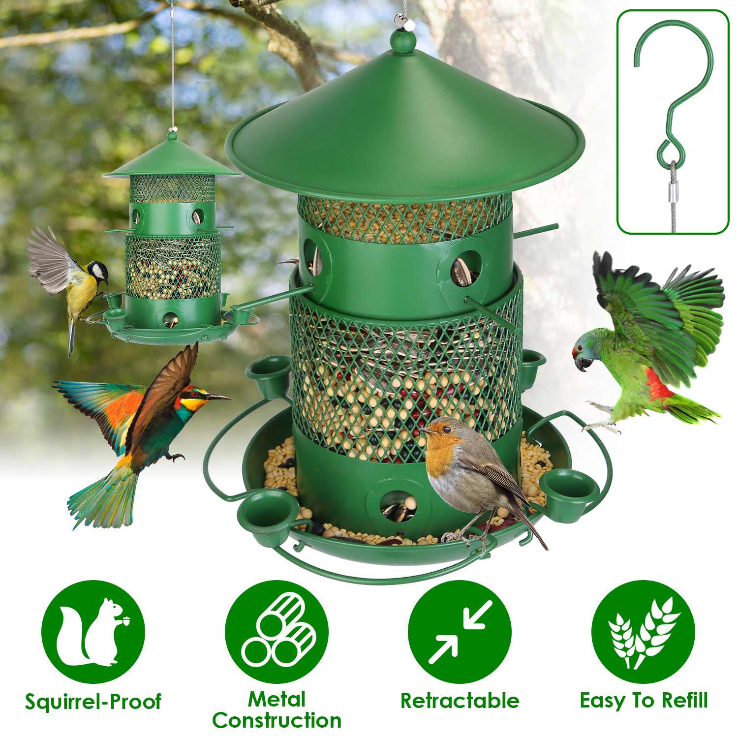 Comedor de Pájaros Silvestres Prueba de Ardillas Resistente al Mordisco Metalúrgico Comedor de Semillas para Jardín Patio Exterior con Perchas Circulares 360° Tazas de Agua para Primavera Verano — imagen 1