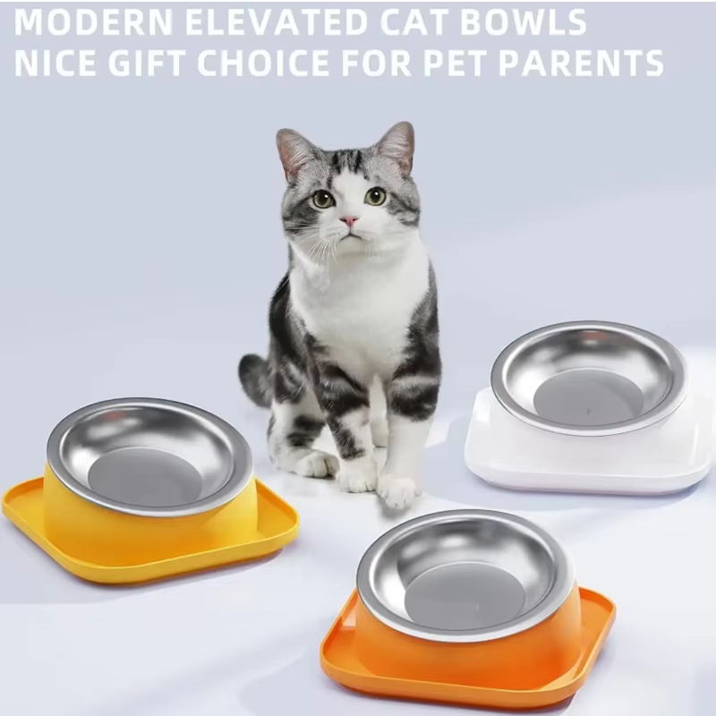 15° Tilted Cat Bowl Stainless Steel Neck Protection Anti Slip Plastic Base Pet Food Water Feeder Bowl For Cats Kitten — image 2